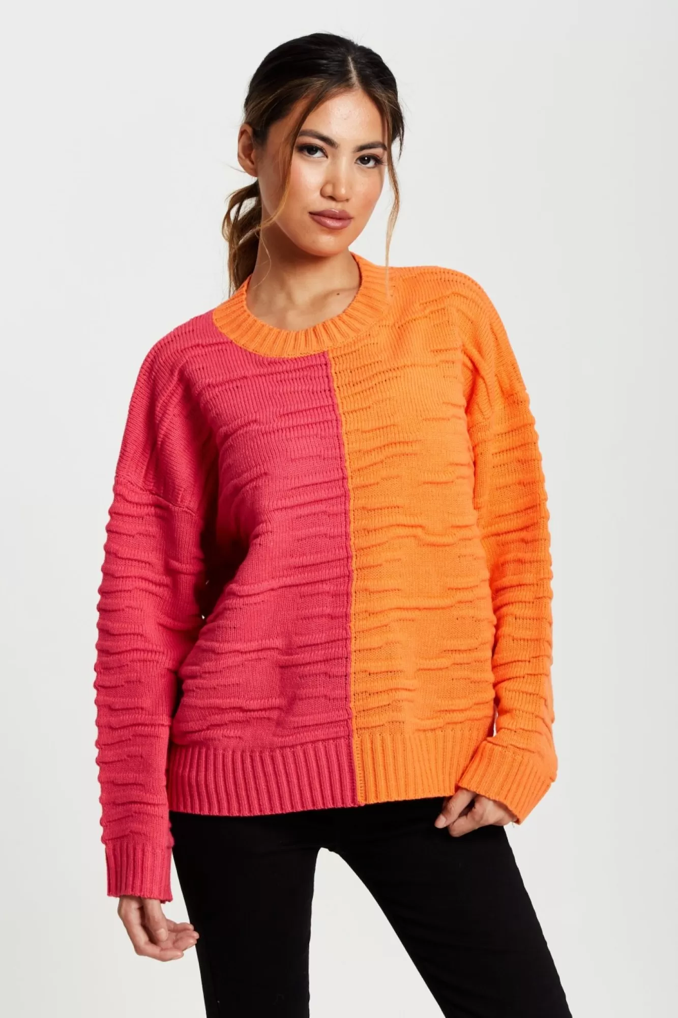 Jumpers^Liquorish Colour Block Jumper In Orange And Pink Orangepink