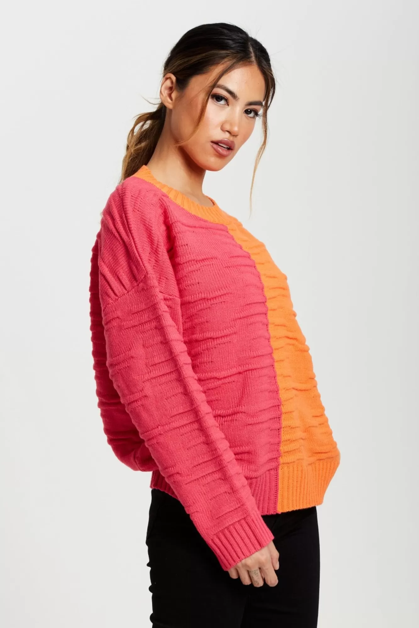 Jumpers^Liquorish Colour Block Jumper In Orange And Pink Orangepink