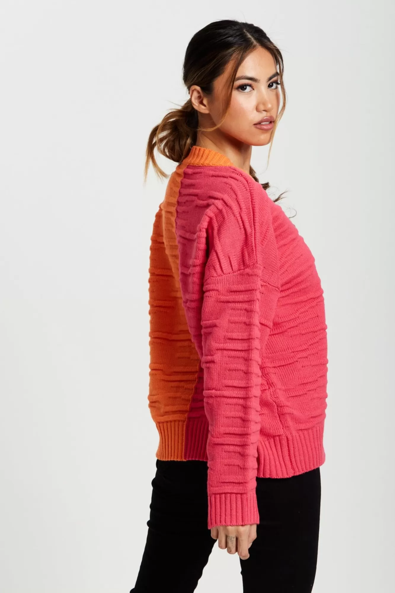 Jumpers^Liquorish Colour Block Jumper In Orange And Pink Orangepink
