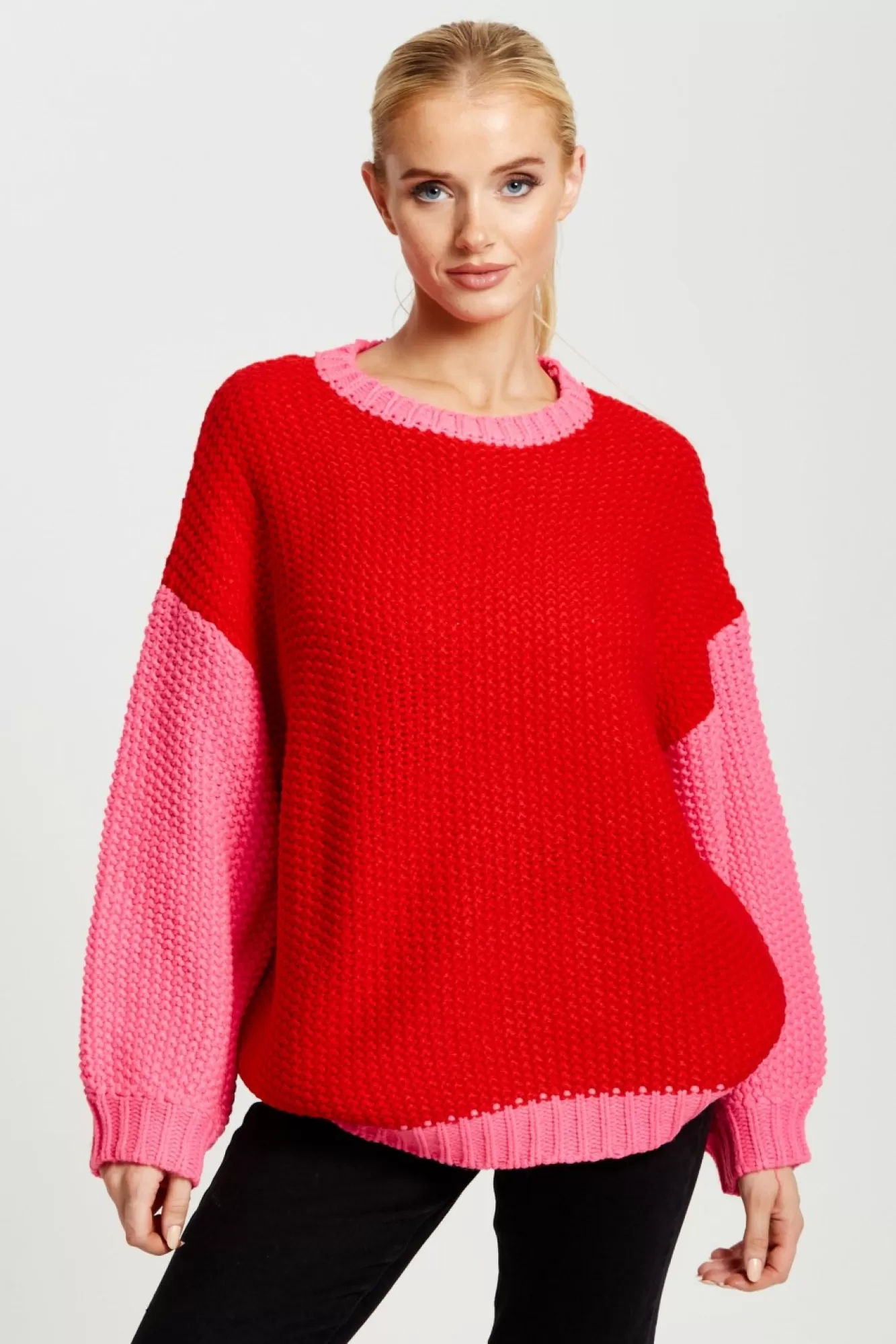 Jumpers^Liquorish Contrast Sleeve Jumper In Pink And Red Pinkred