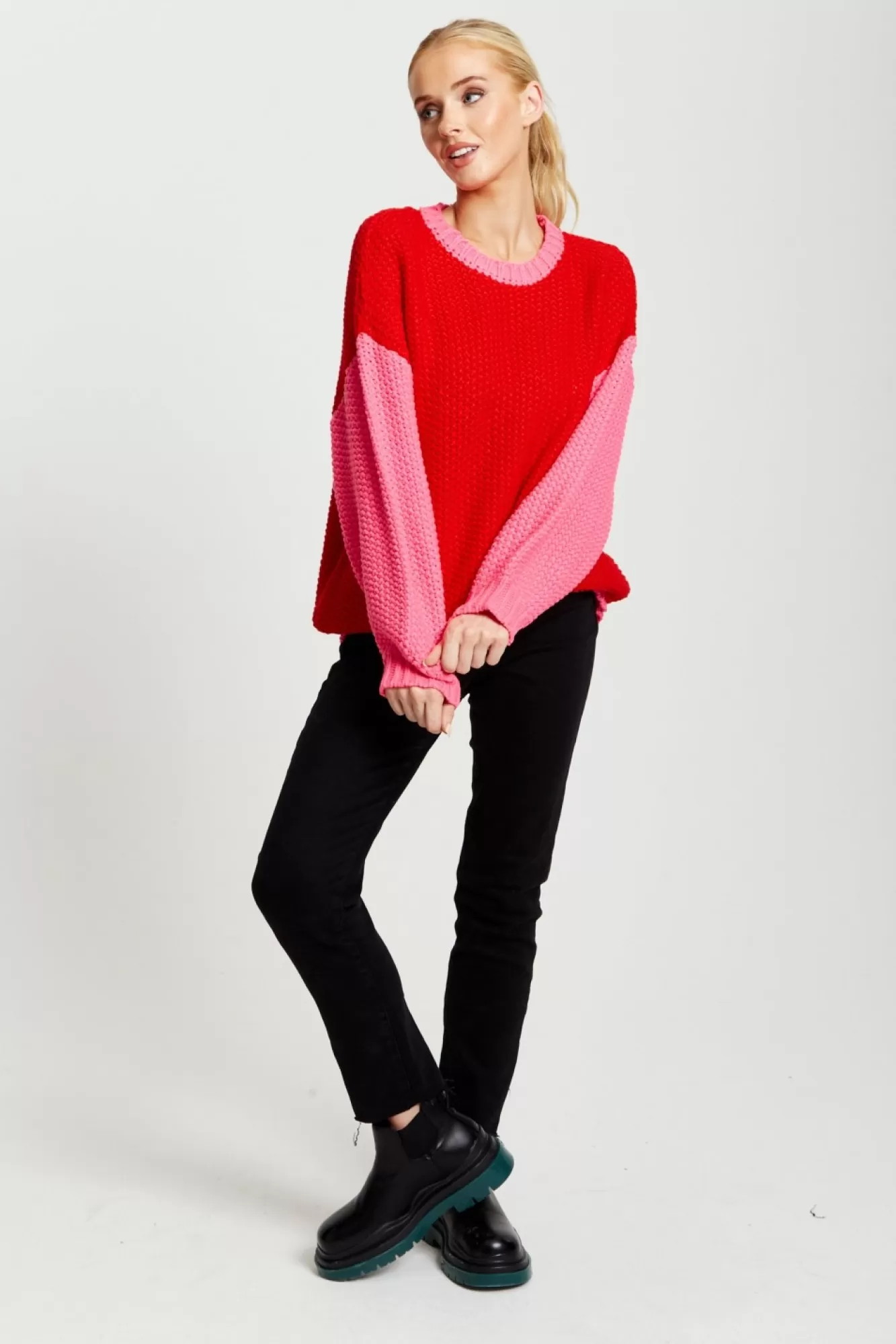 Jumpers^Liquorish Contrast Sleeve Jumper In Pink And Red Pinkred