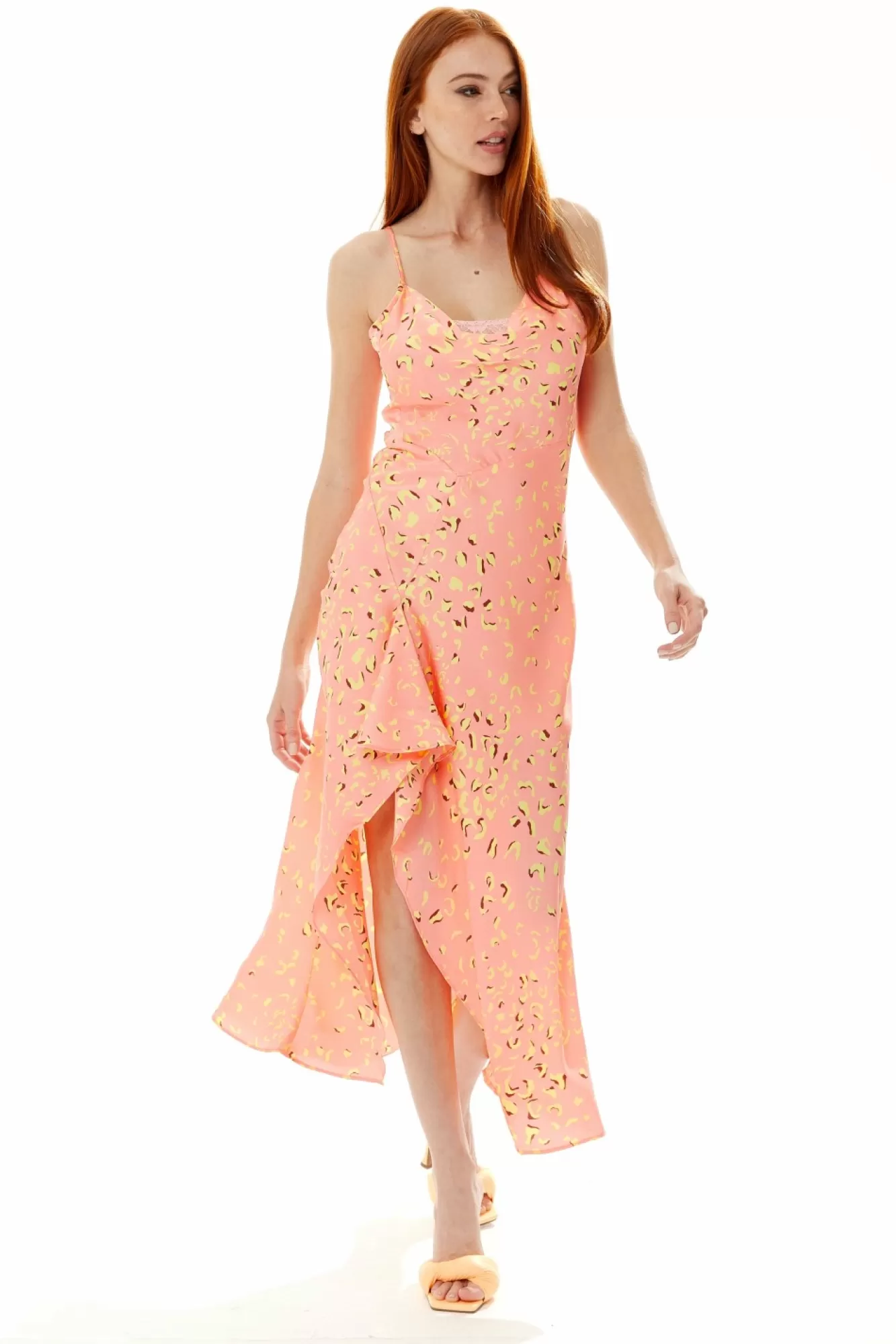 Midi Dresses^Liquorish Cowl Neck Abstract Animal Print Dress In Peach