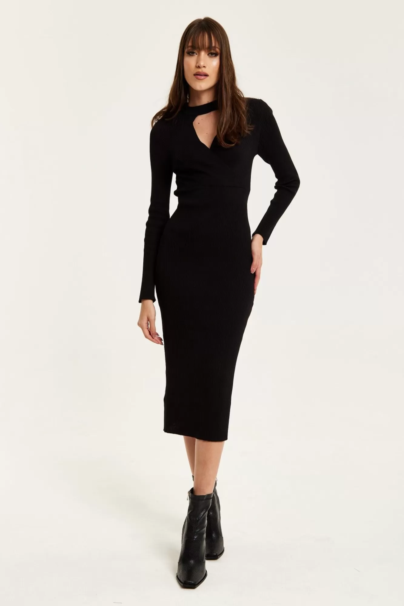 Midi Dresses^Liquorish Cut Out Front Ribbed Midi Knit Dress In Black