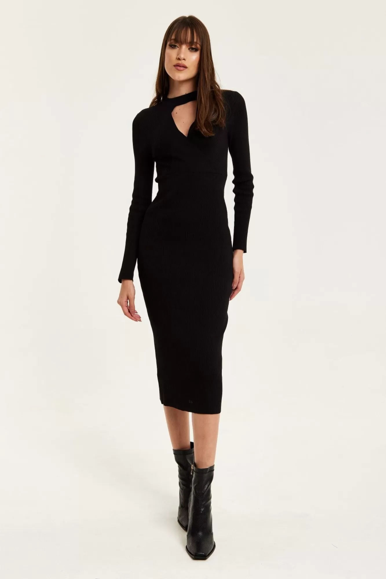 Midi Dresses^Liquorish Cut Out Front Ribbed Midi Knit Dress In Black