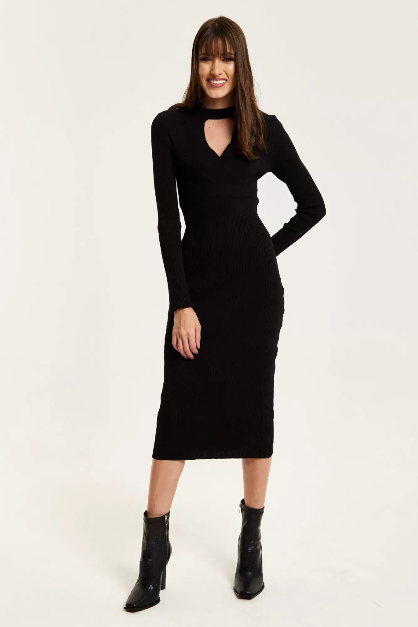Midi Dresses^Liquorish Cut Out Front Ribbed Midi Knit Dress In Black