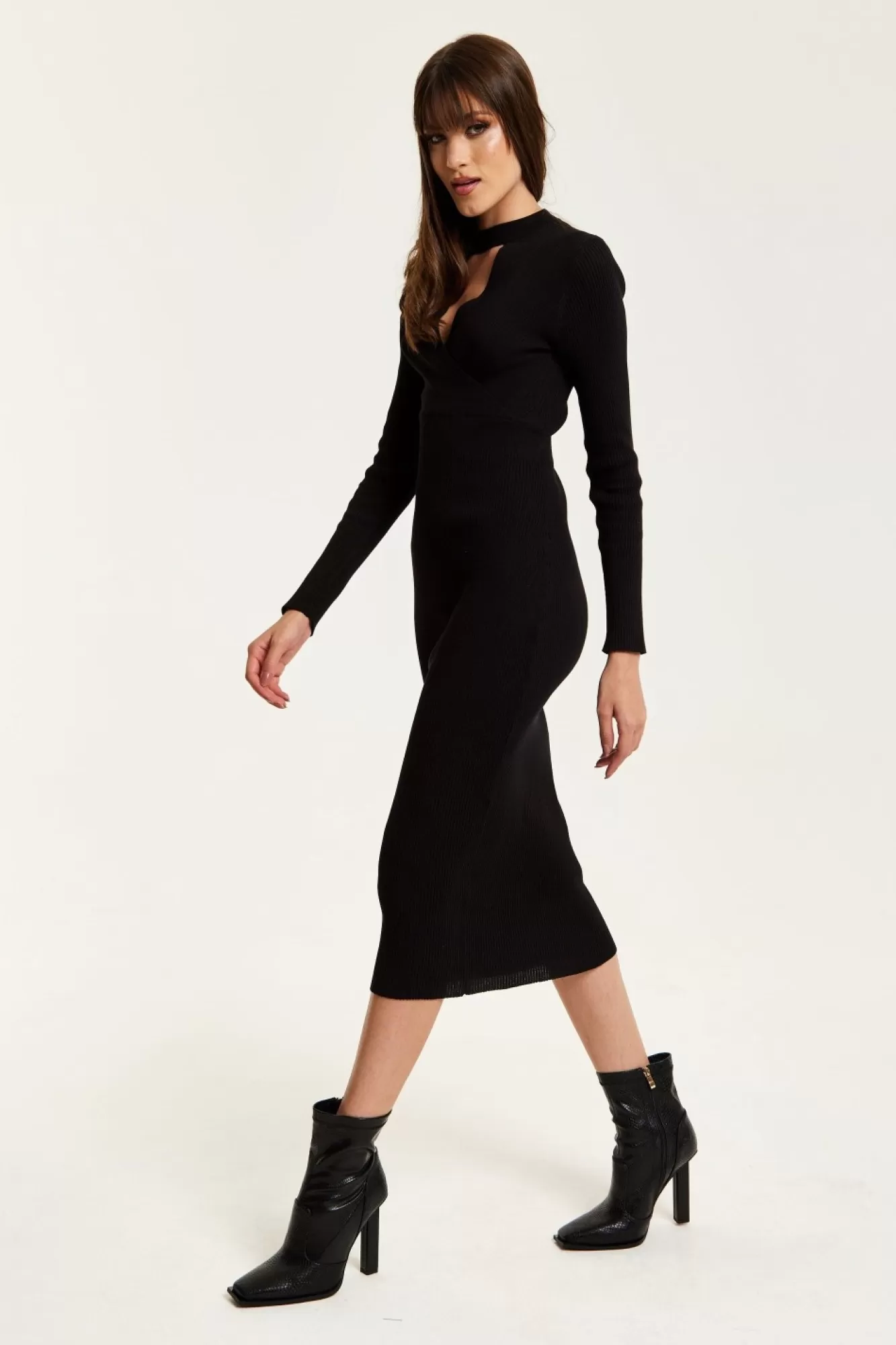 Midi Dresses^Liquorish Cut Out Front Ribbed Midi Knit Dress In Black