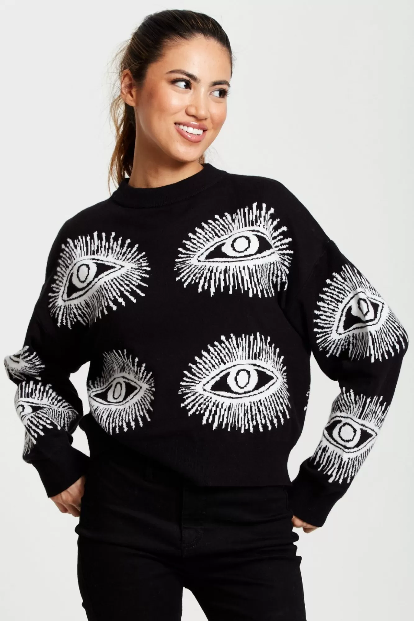 Jumpers^Liquorish Eye Pattern Jumper In Black