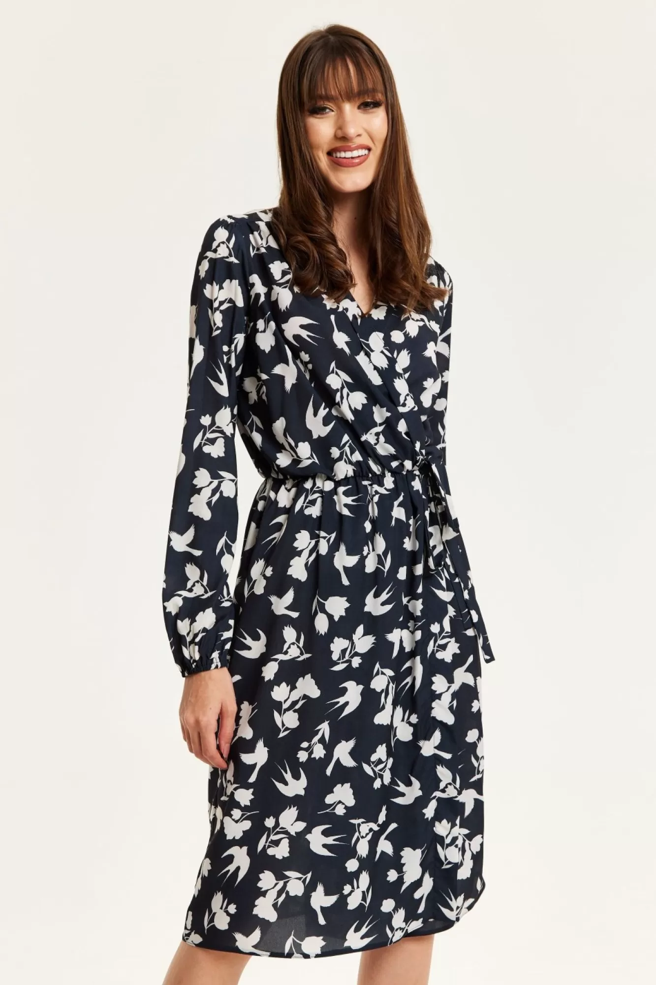 Midi Dresses^Liquorish Floral And Bird Print Midi Fake Wrap Dress In Black