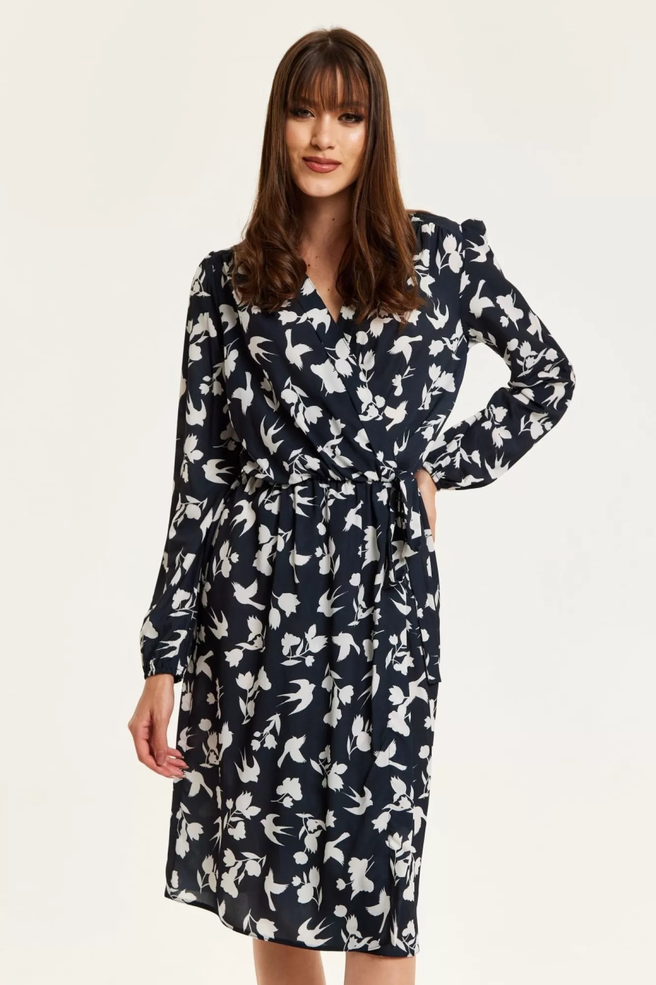 Midi Dresses^Liquorish Floral And Bird Print Midi Fake Wrap Dress In Black