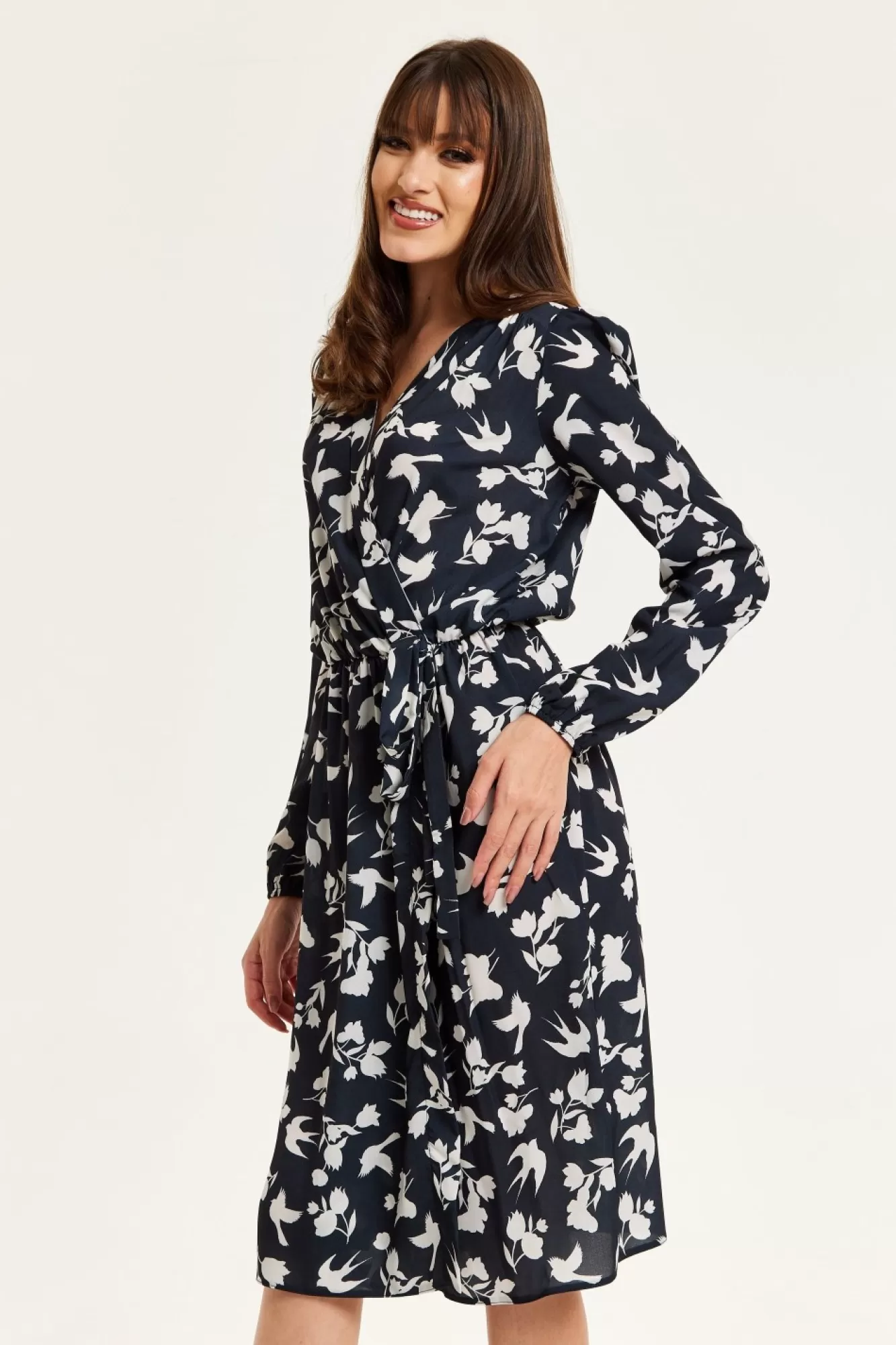 Midi Dresses^Liquorish Floral And Bird Print Midi Fake Wrap Dress In Black