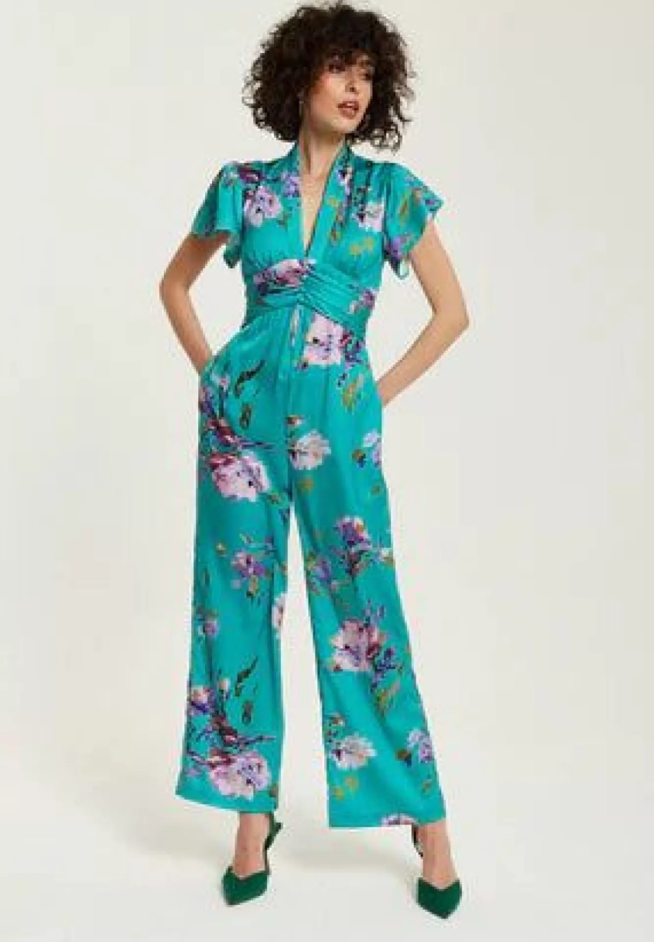 Jumpsuits^Liquorish Floral Jumpsuit With Short Sleeves Green