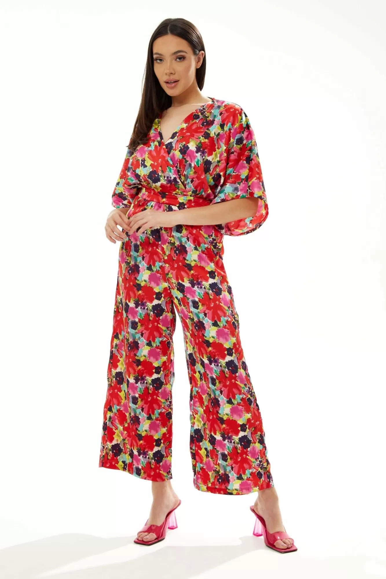 Jumpsuits^Liquorish Floral Jumpsuit With Short Sleeves Red