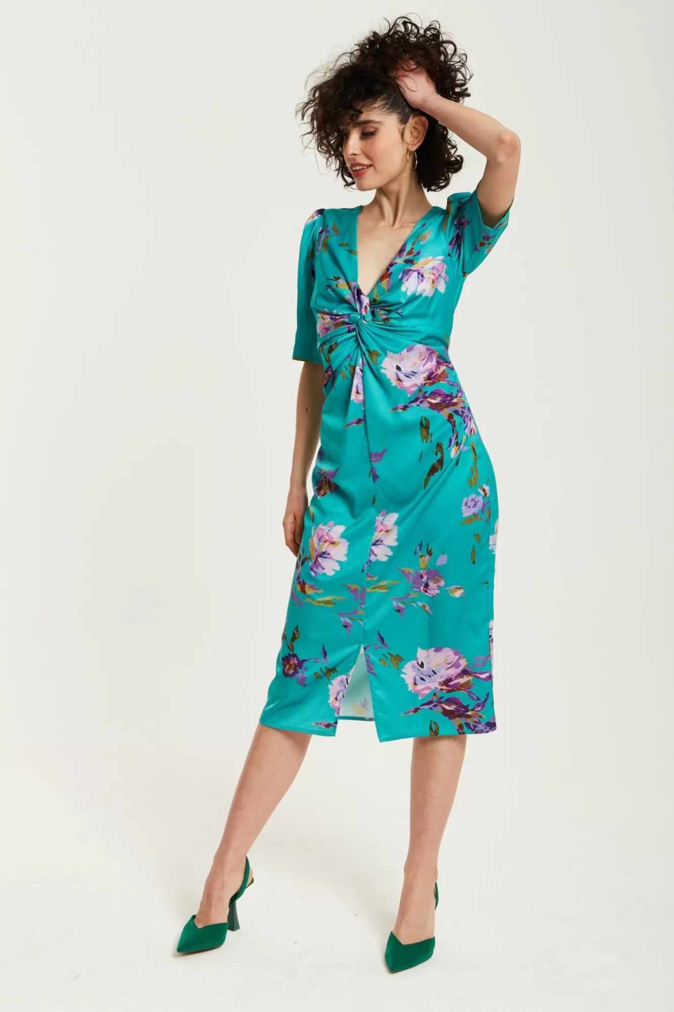 Midi Dresses^Liquorish Floral Knot Front Midi Dress Green