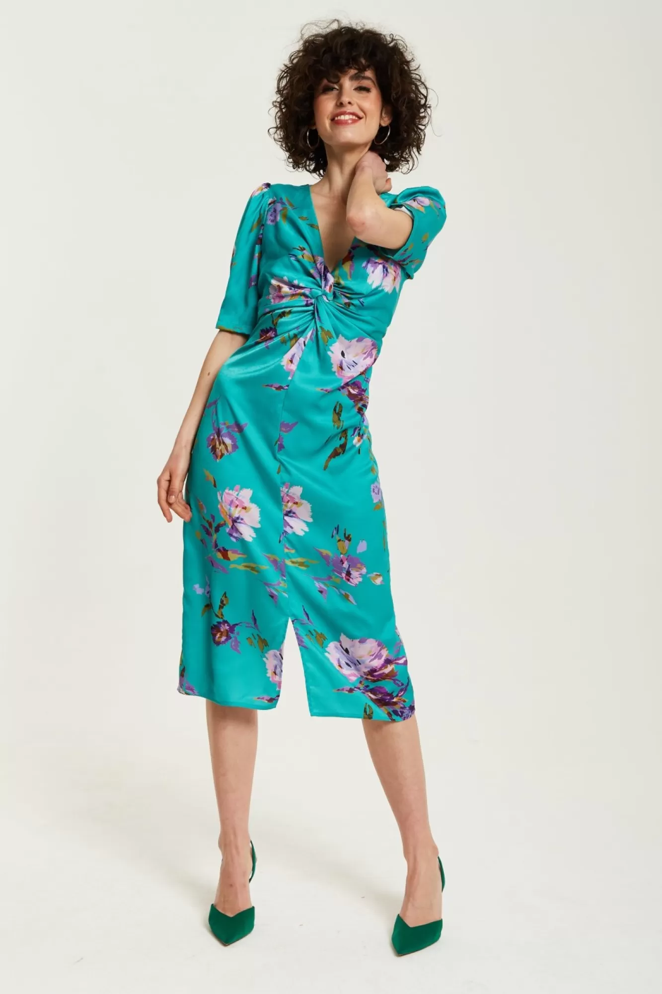 Midi Dresses^Liquorish Floral Knot Front Midi Dress Green
