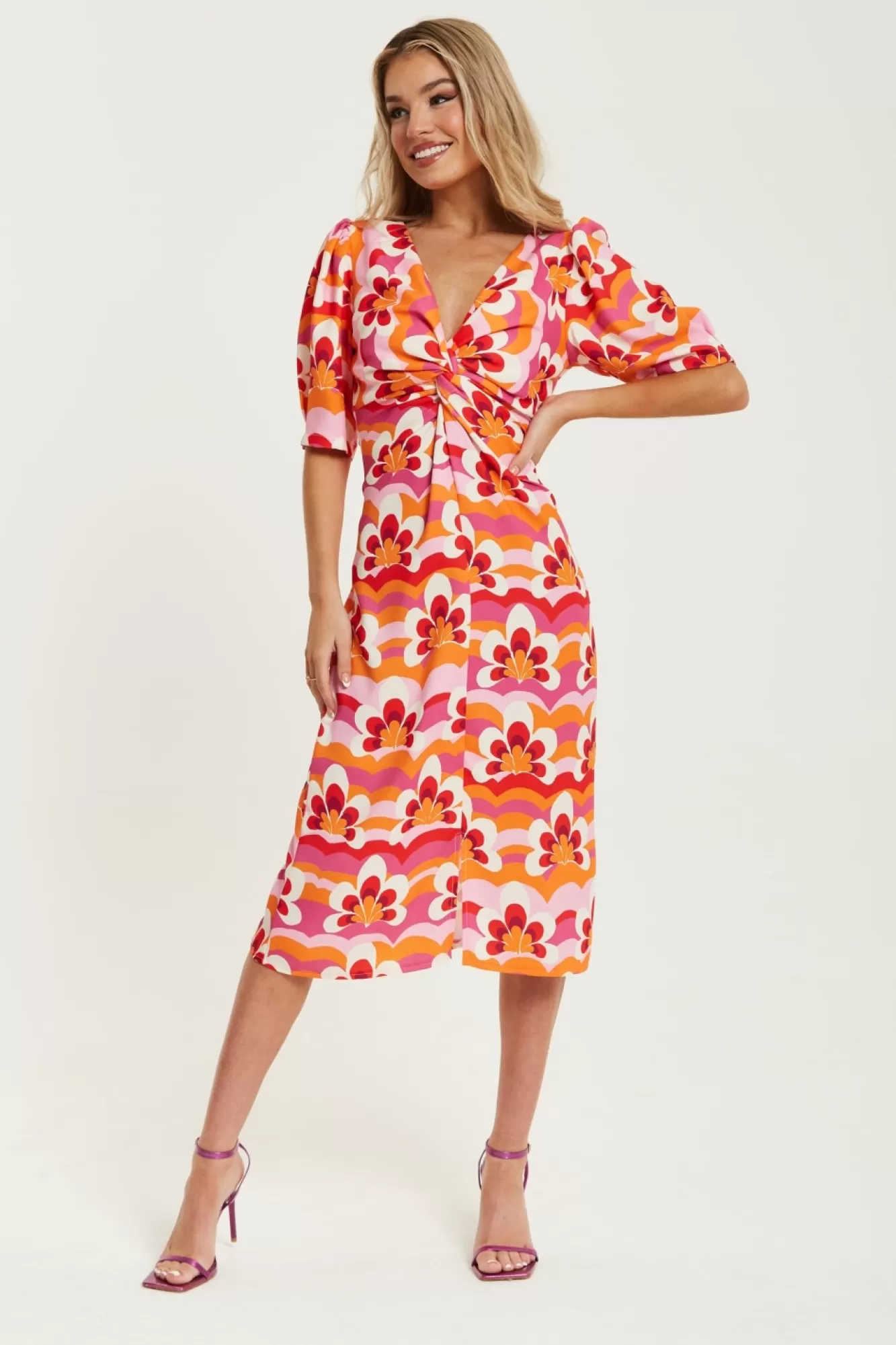 Midi Dresses^Liquorish Floral Knot Front Midi Dress In Orange And Pink Multicolour
