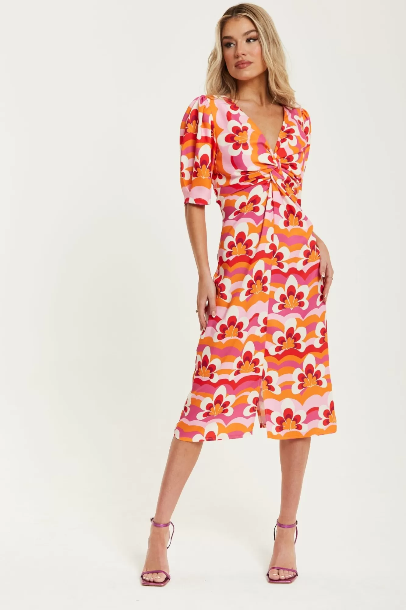 Midi Dresses^Liquorish Floral Knot Front Midi Dress In Orange And Pink Multicolour