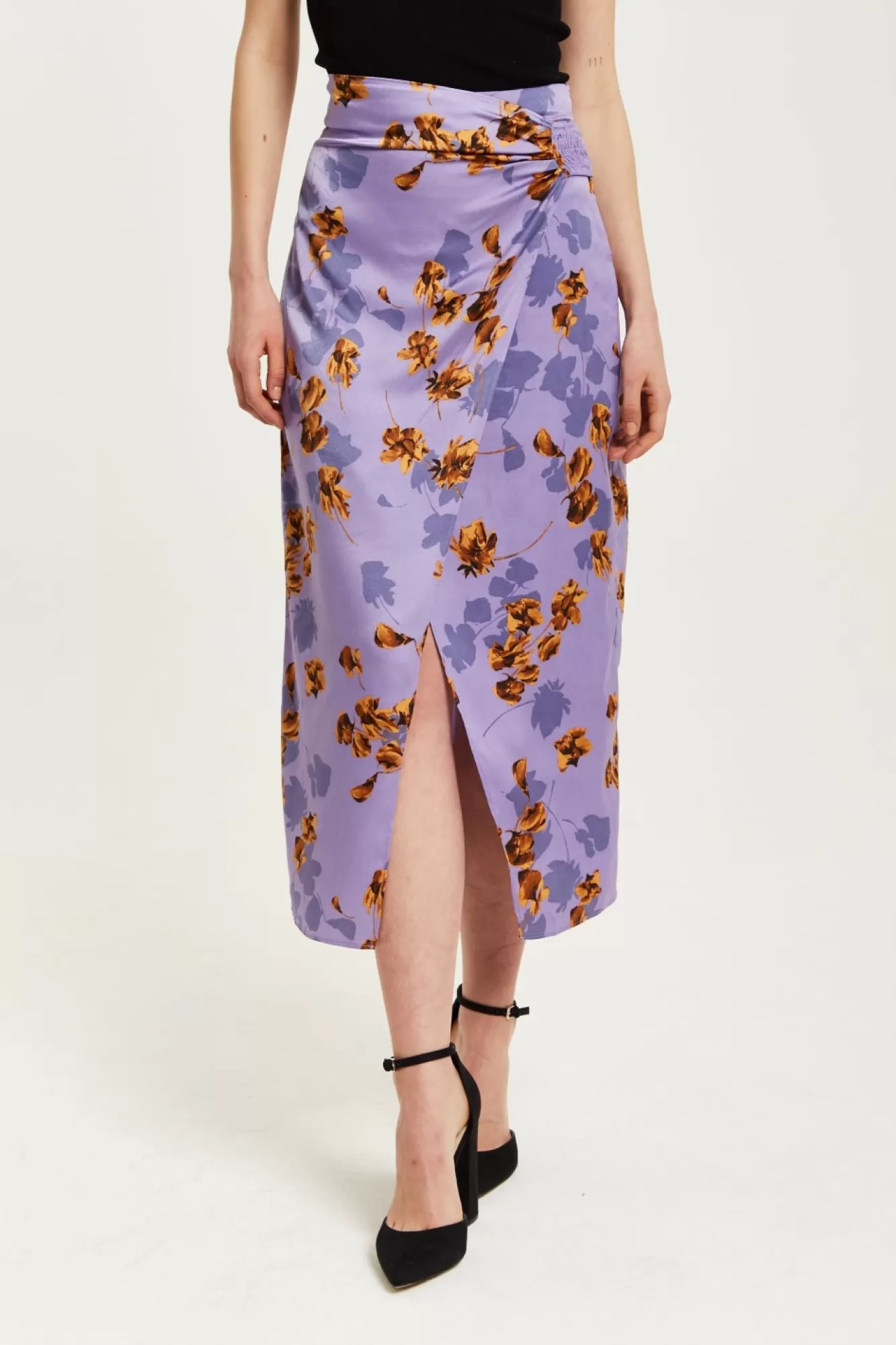 Skirts^Liquorish Floral Midi Skirt With Ruching Detail Purple