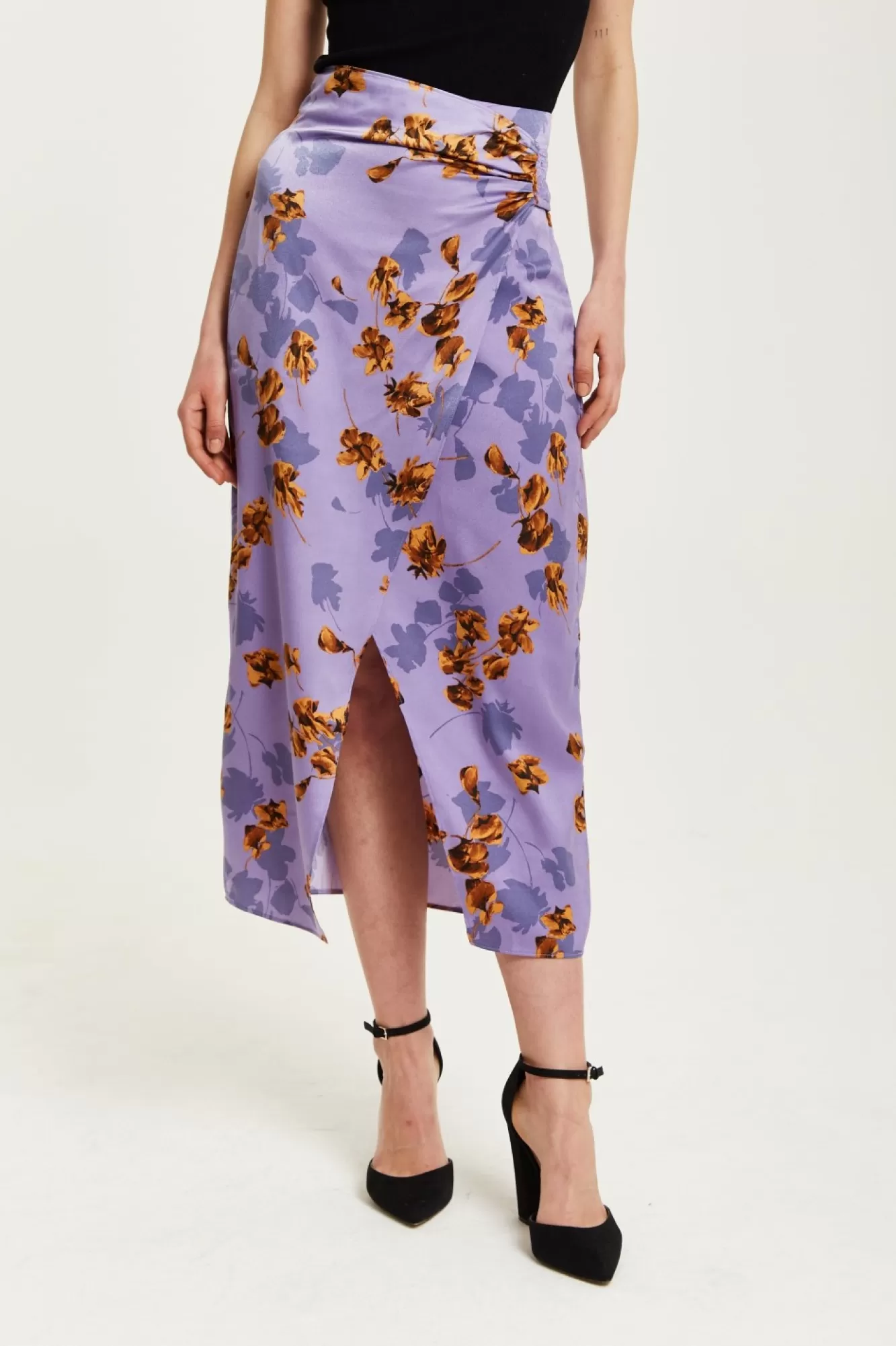 Skirts^Liquorish Floral Midi Skirt With Ruching Detail Purple