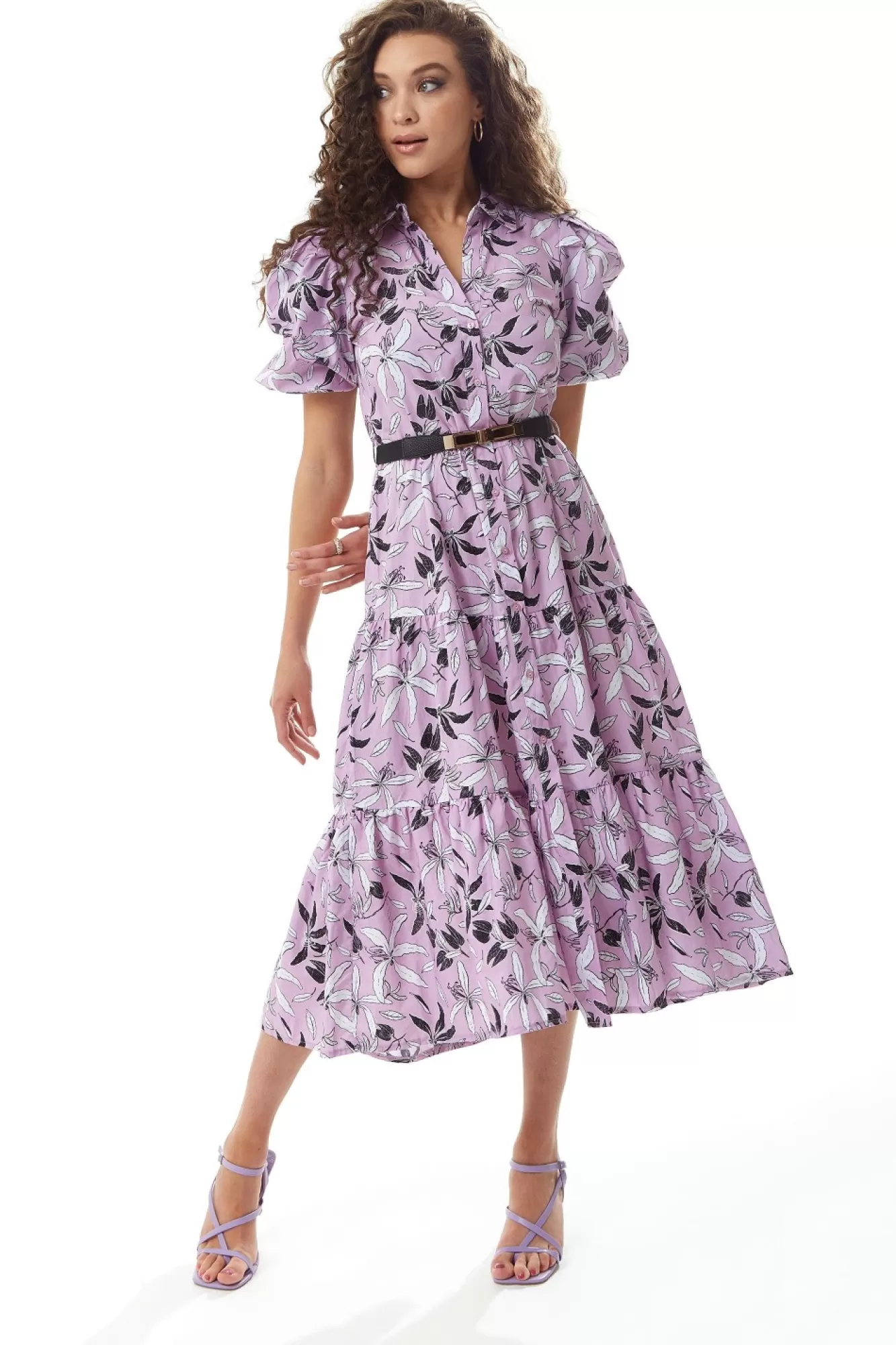 Midi Dresses^Liquorish Floral Print Button Up Midi Dress In Lilac