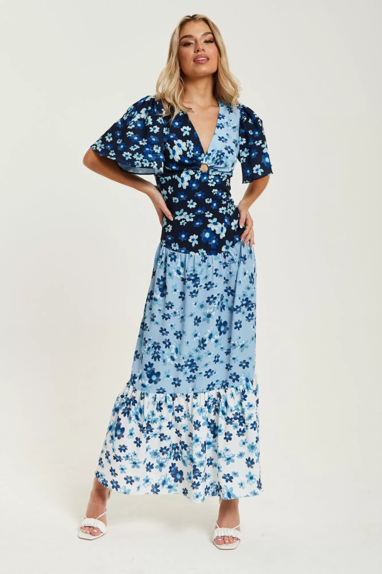 Midi Dresses^Liquorish Floral Print Midi Dress In Blue Navy And White Multicolour