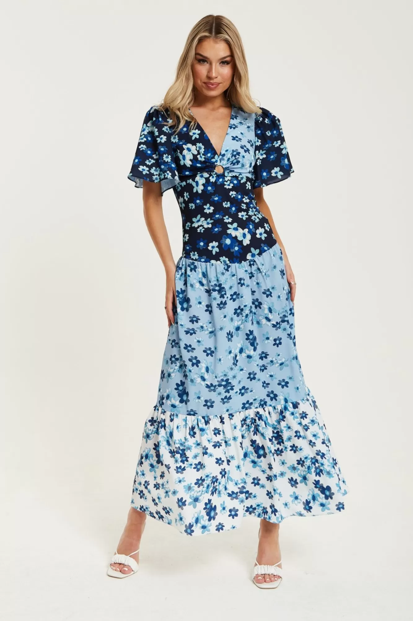 Midi Dresses^Liquorish Floral Print Midi Dress In Blue Navy And White Multicolour
