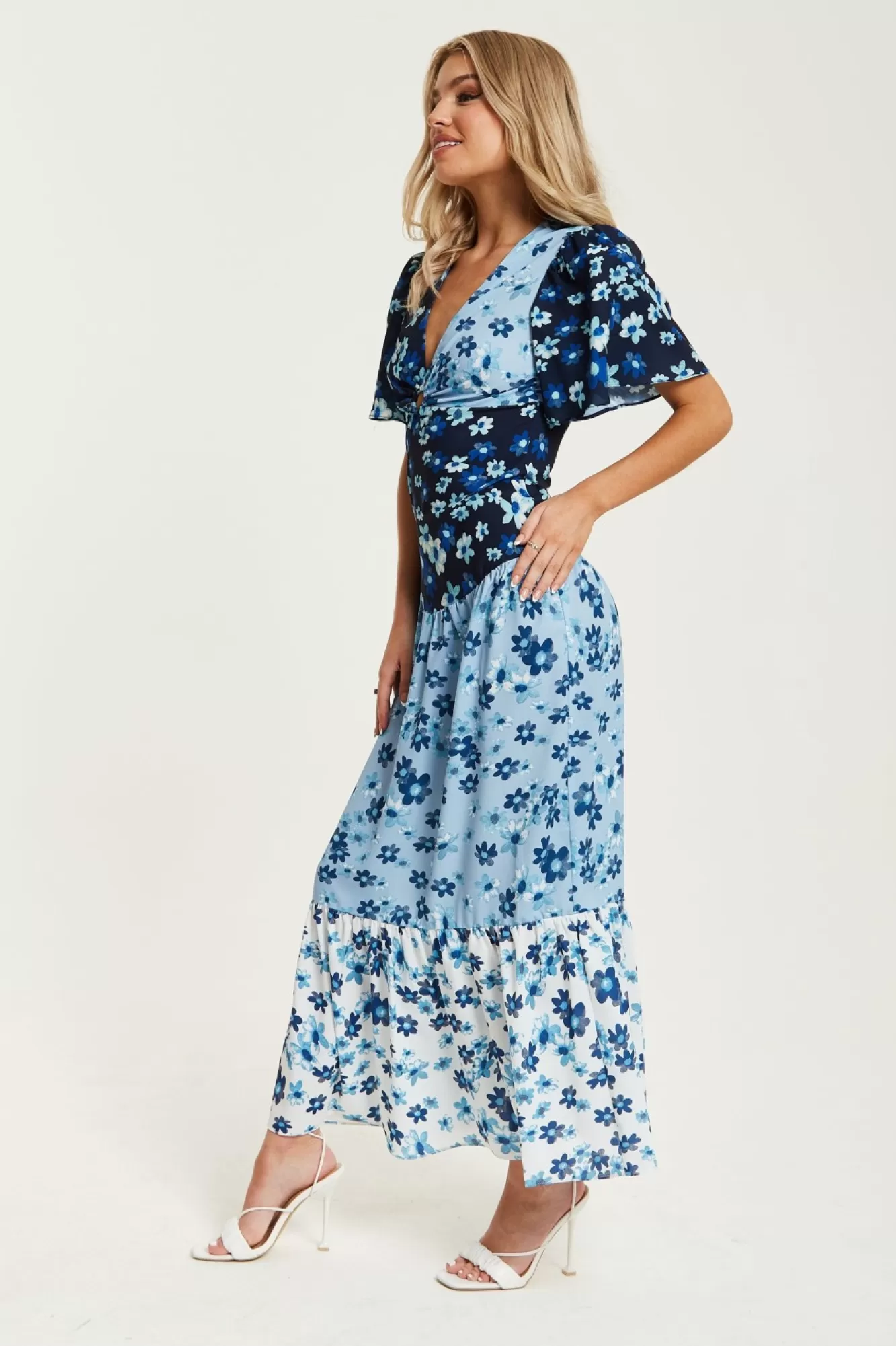 Midi Dresses^Liquorish Floral Print Midi Dress In Blue Navy And White Multicolour