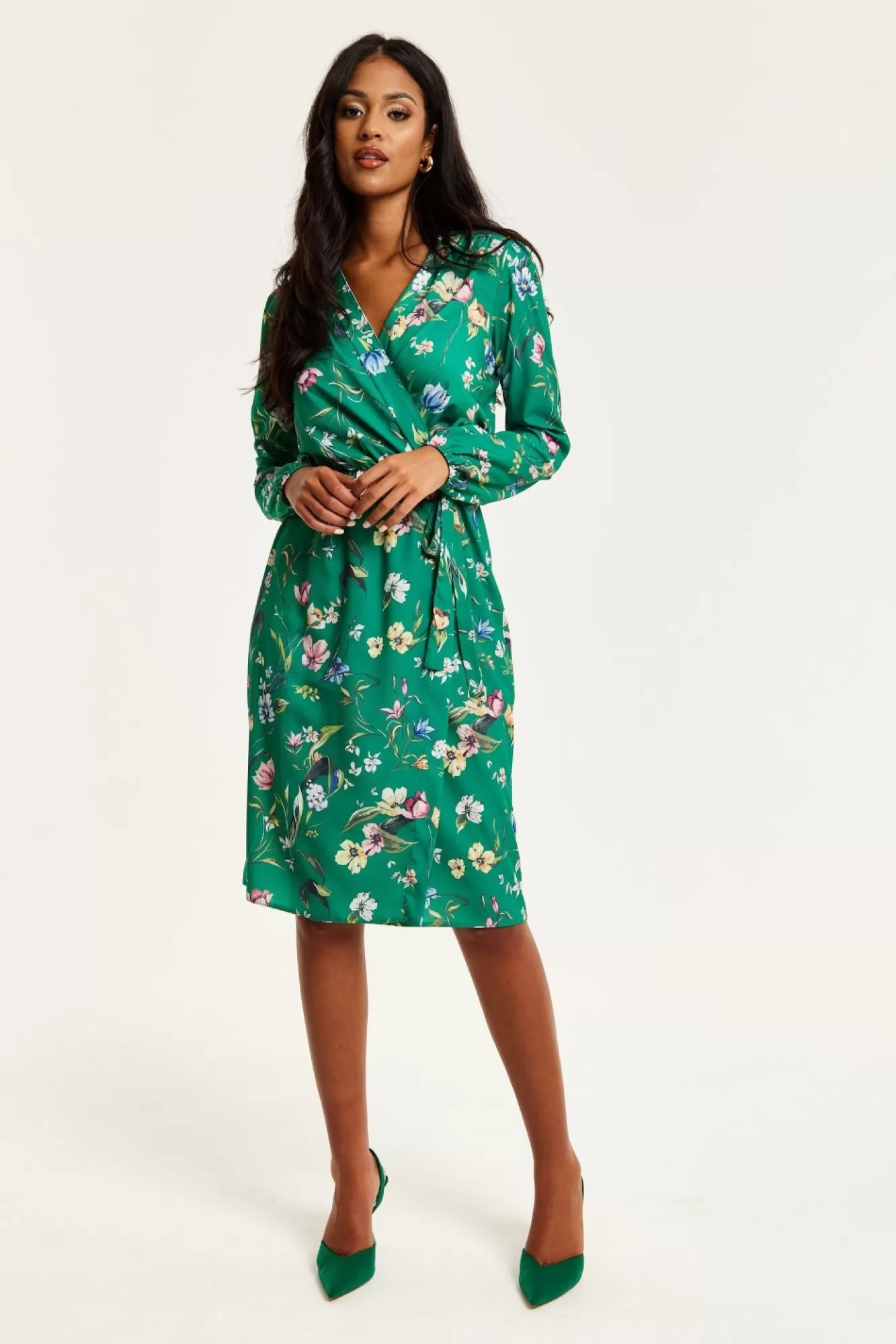 Midi Dresses^Liquorish Floral Print Midi Fake Wrap Dress Green