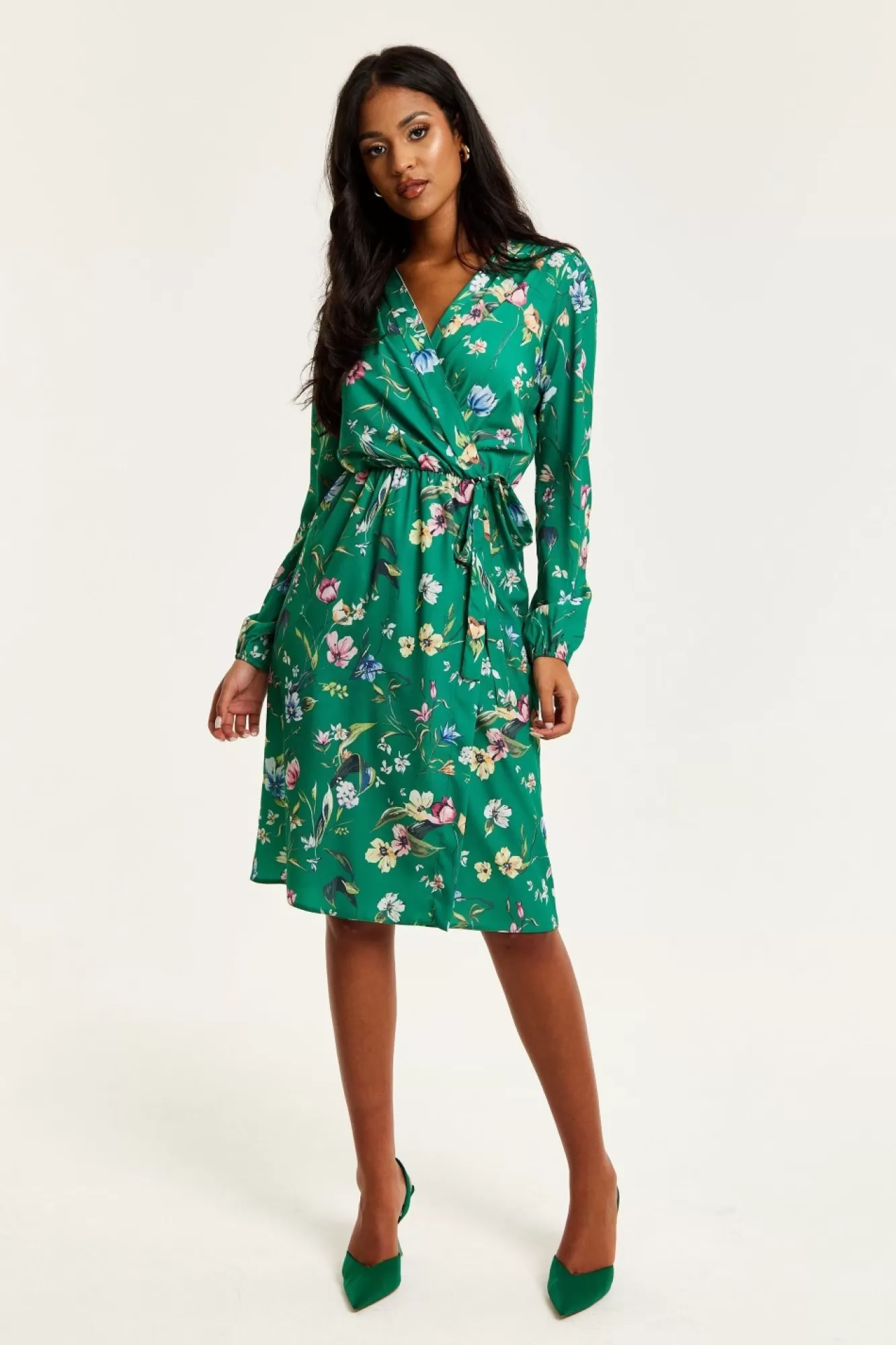 Midi Dresses^Liquorish Floral Print Midi Fake Wrap Dress Green