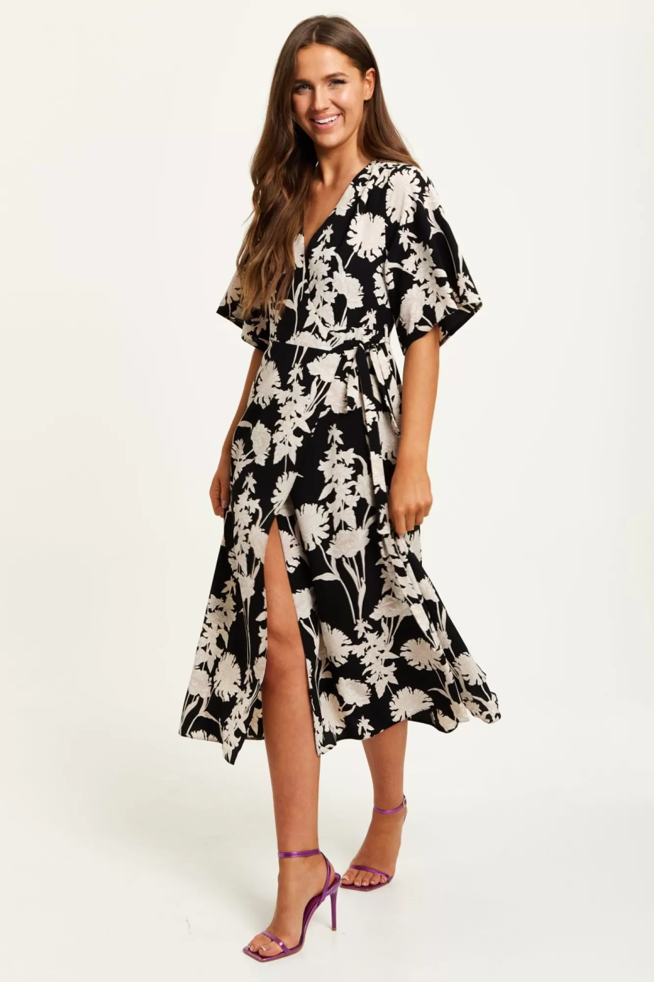 Midi Dresses^Liquorish Floral Print Midi Wrap Dress With Kimono Sleeves Black