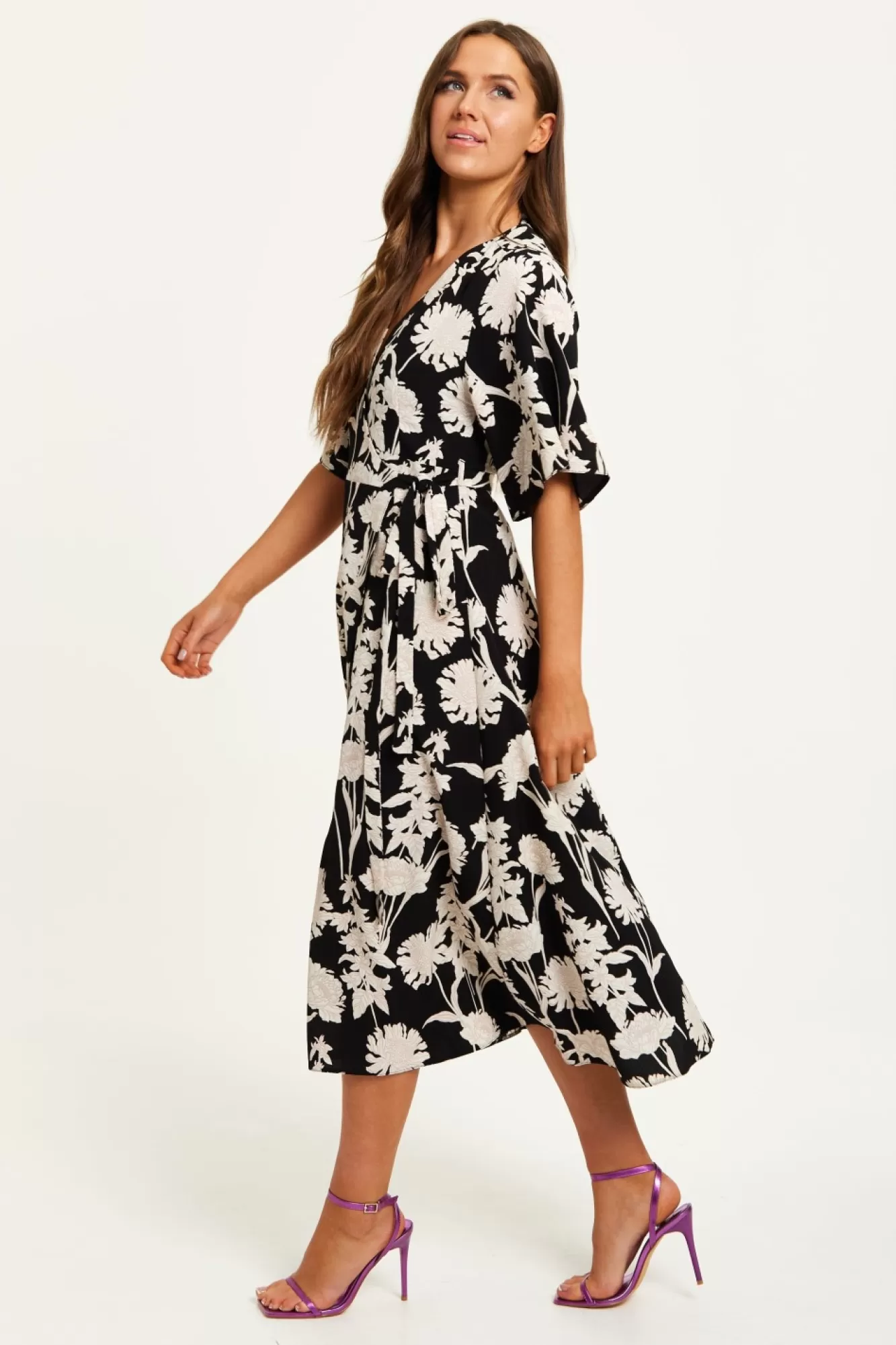 Midi Dresses^Liquorish Floral Print Midi Wrap Dress With Kimono Sleeves Black