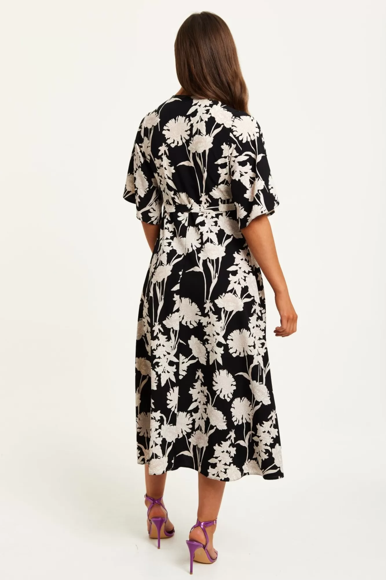 Midi Dresses^Liquorish Floral Print Midi Wrap Dress With Kimono Sleeves Black