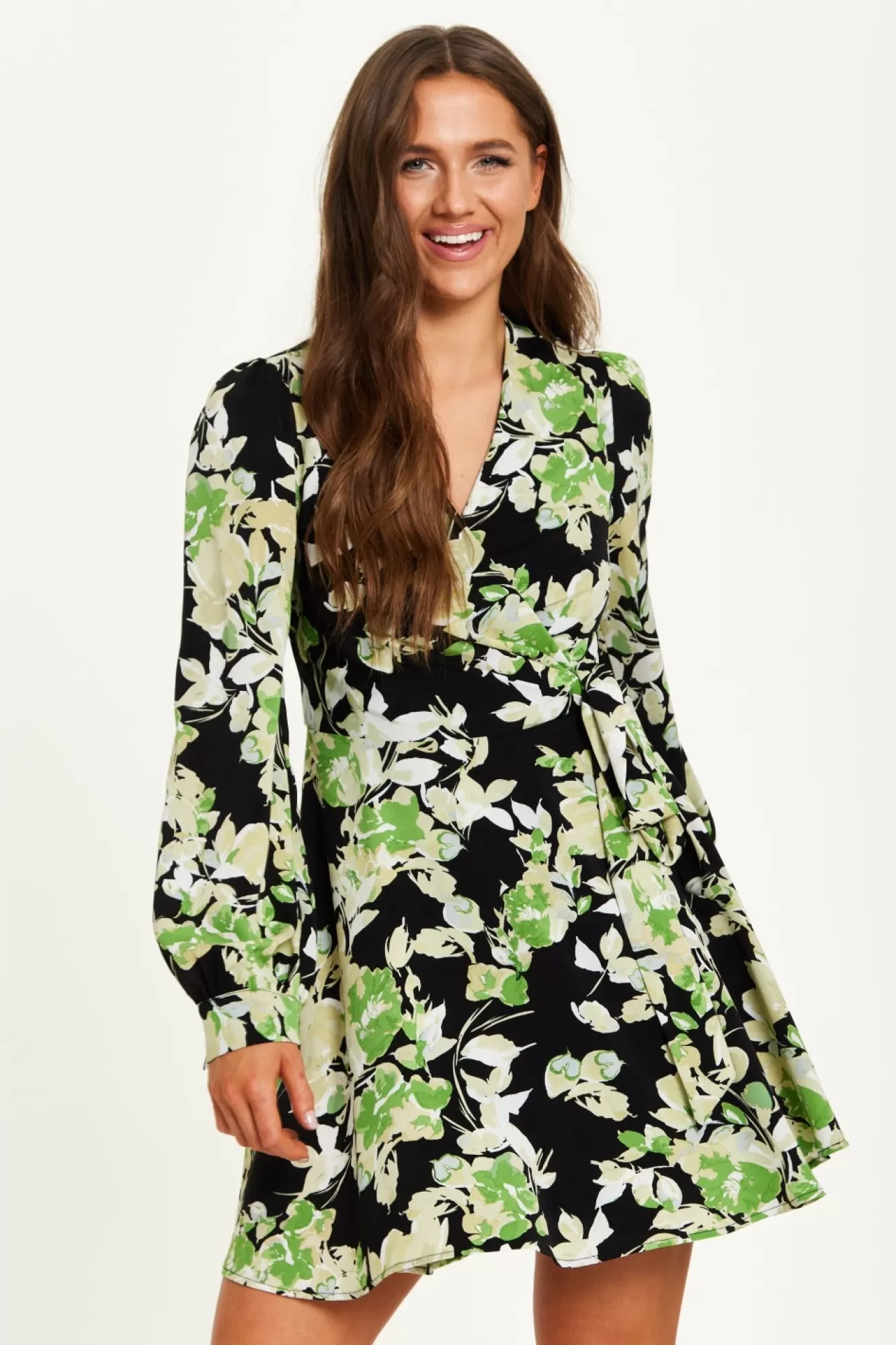 Mini Dresses^Liquorish Floral Print Mini Wrap Dress Green