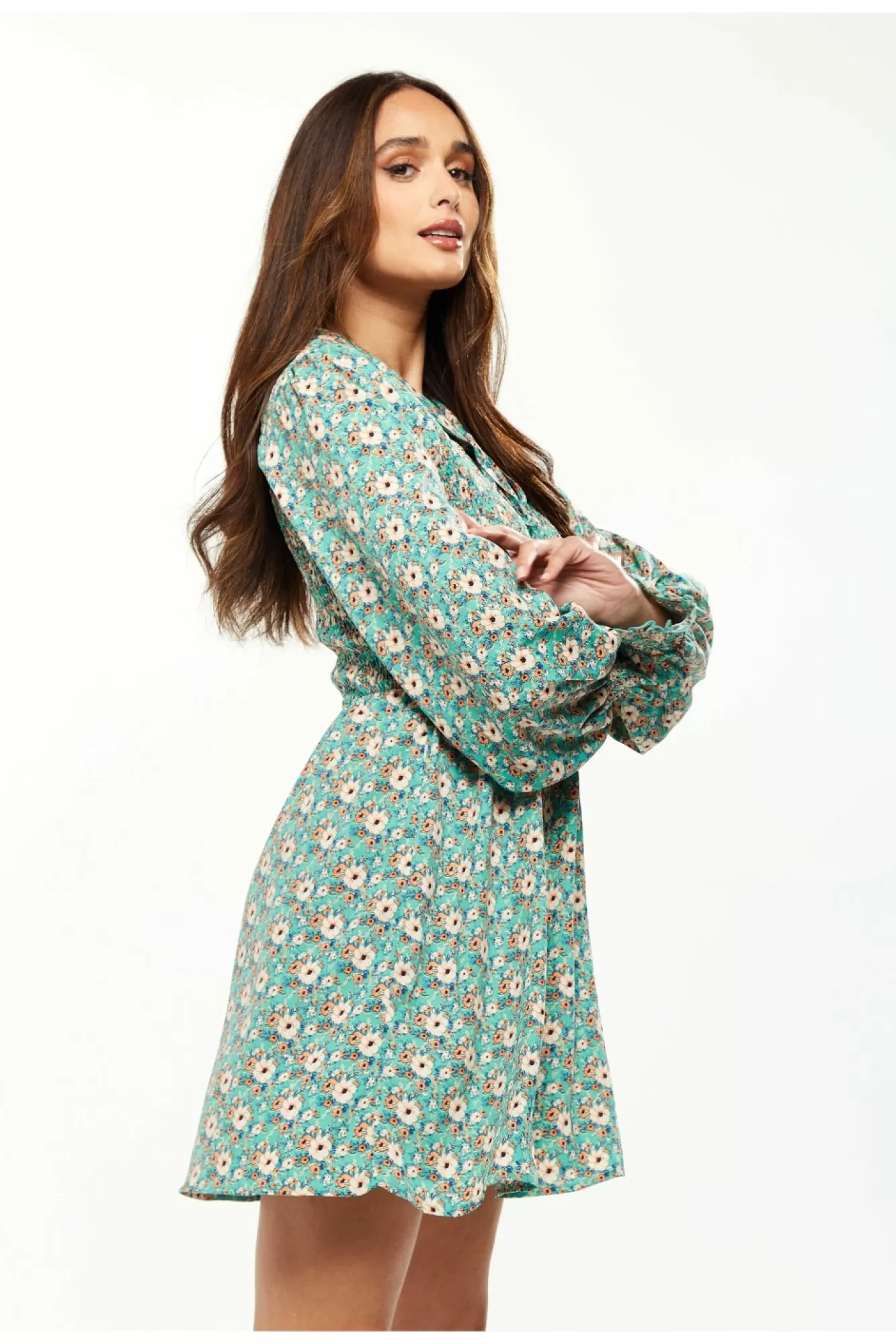 Mini Dresses^Liquorish Floral Print Smock Mini Dress Peter Pan Green