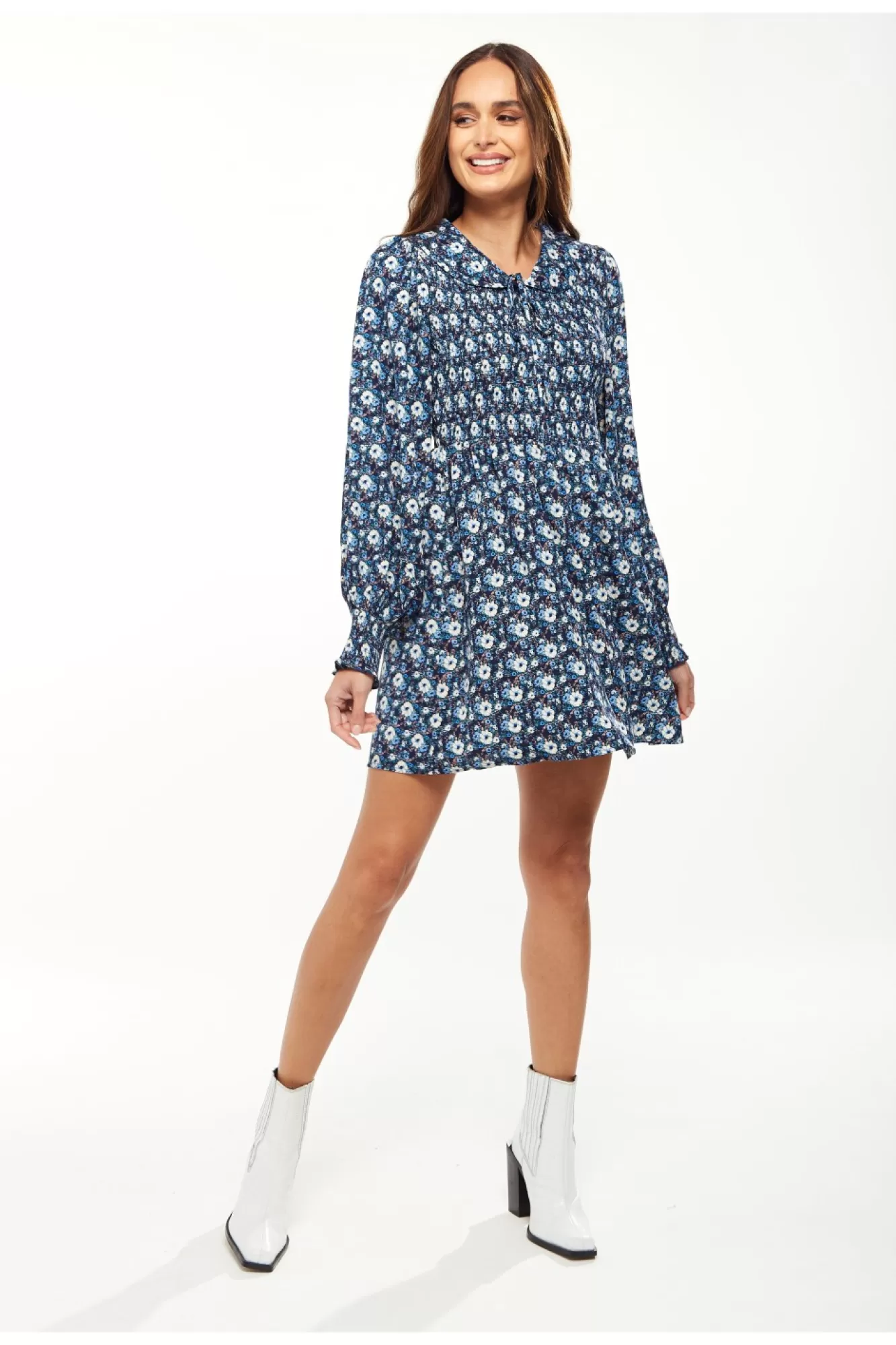 Mini Dresses^Liquorish Floral Print Smock Mini With Peter Pan Collar Blue