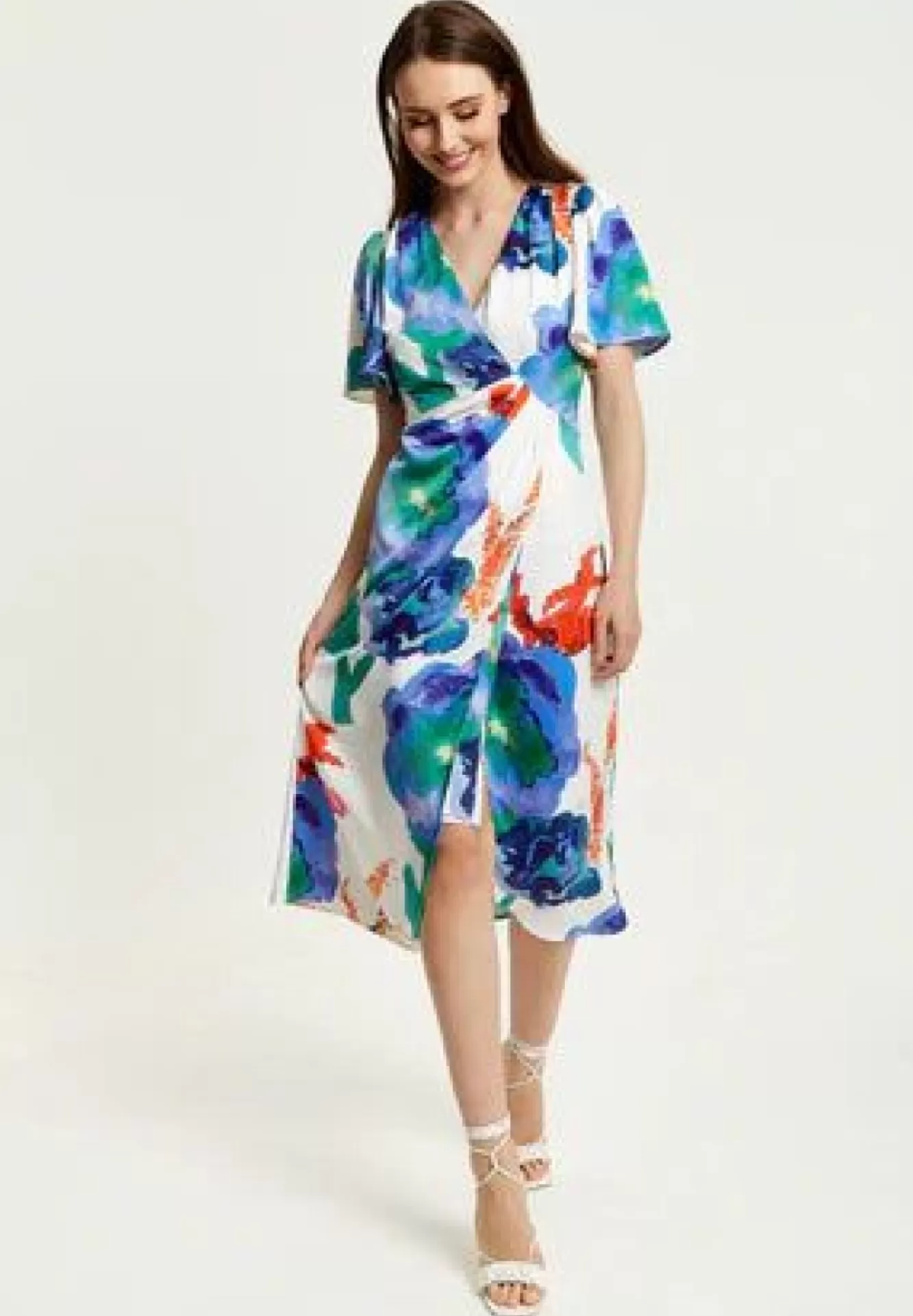 Midi Dresses^Liquorish Floral Print White Based Midi Wrap Dress Multicolor