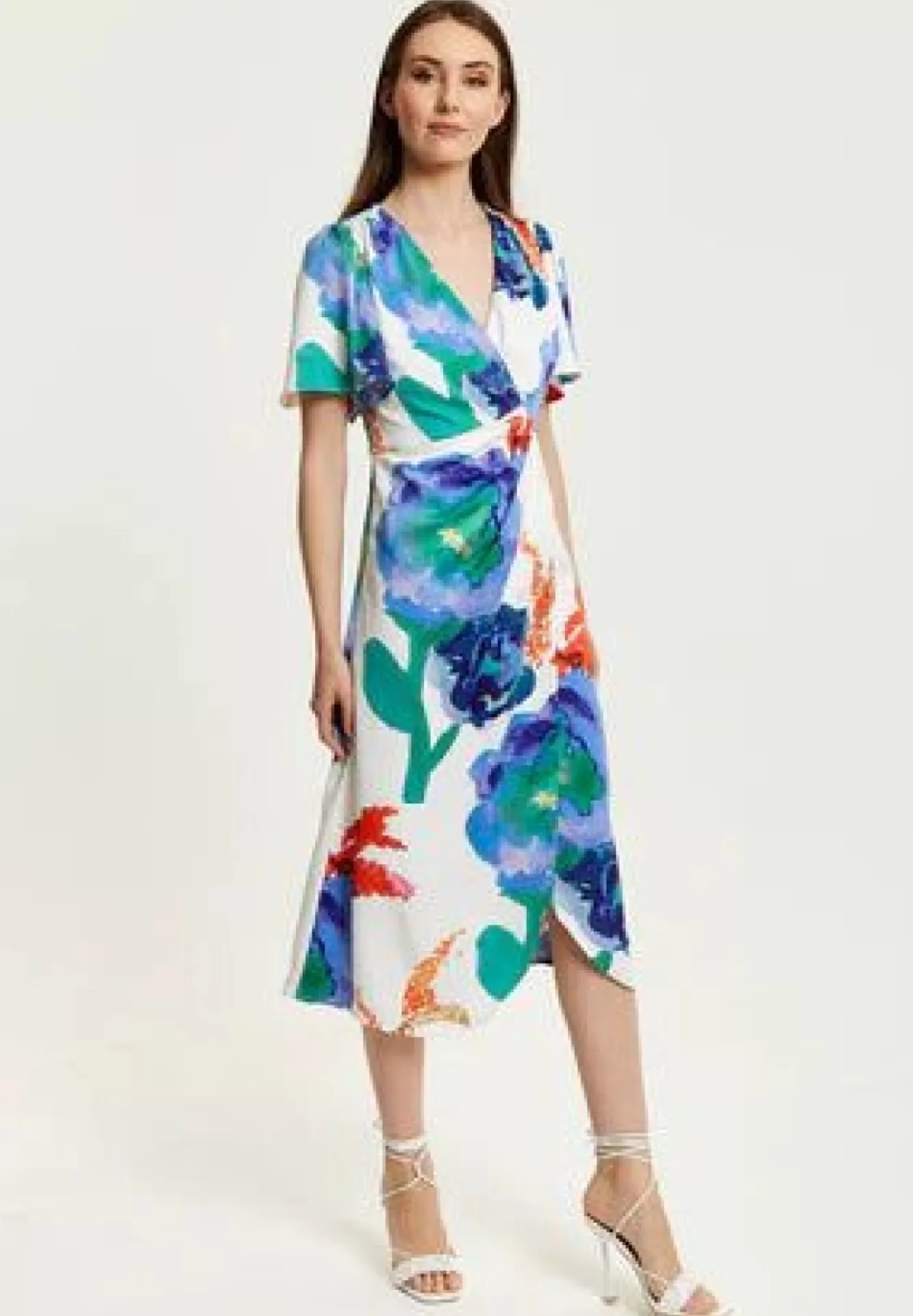 Midi Dresses^Liquorish Floral Print White Based Midi Wrap Dress Multicolor