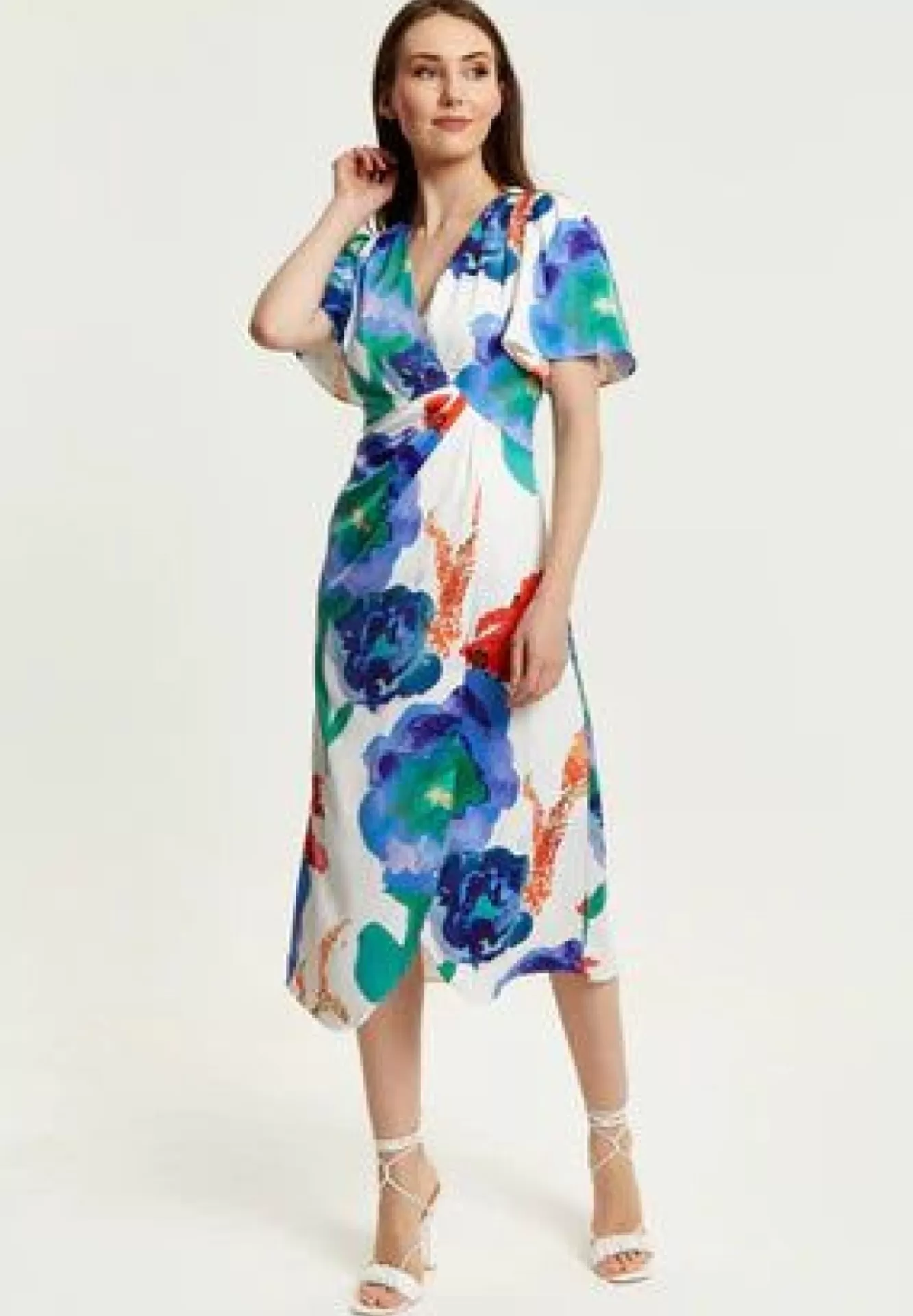 Midi Dresses^Liquorish Floral Print White Based Midi Wrap Dress Multicolor
