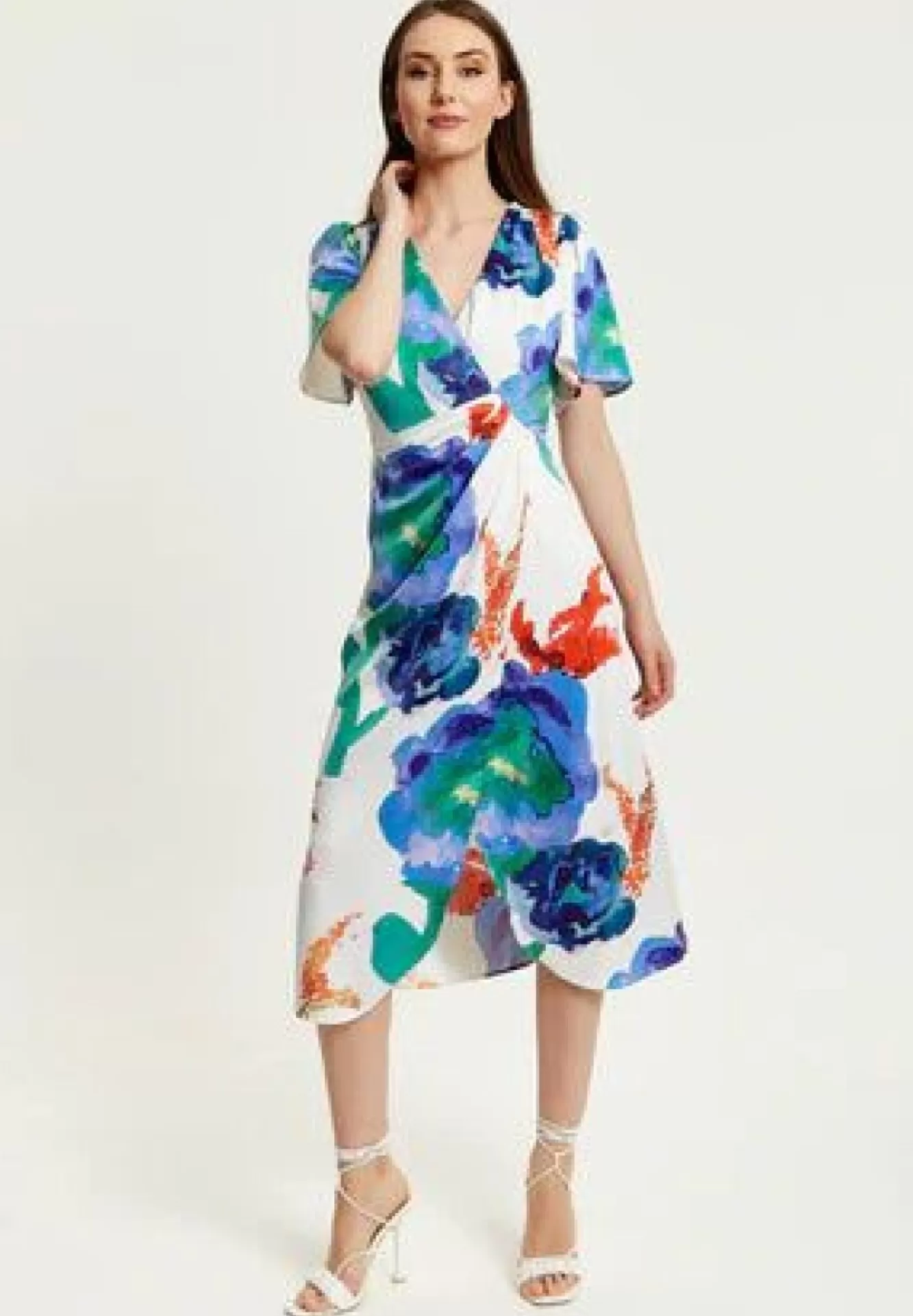 Midi Dresses^Liquorish Floral Print White Based Midi Wrap Dress Multicolor