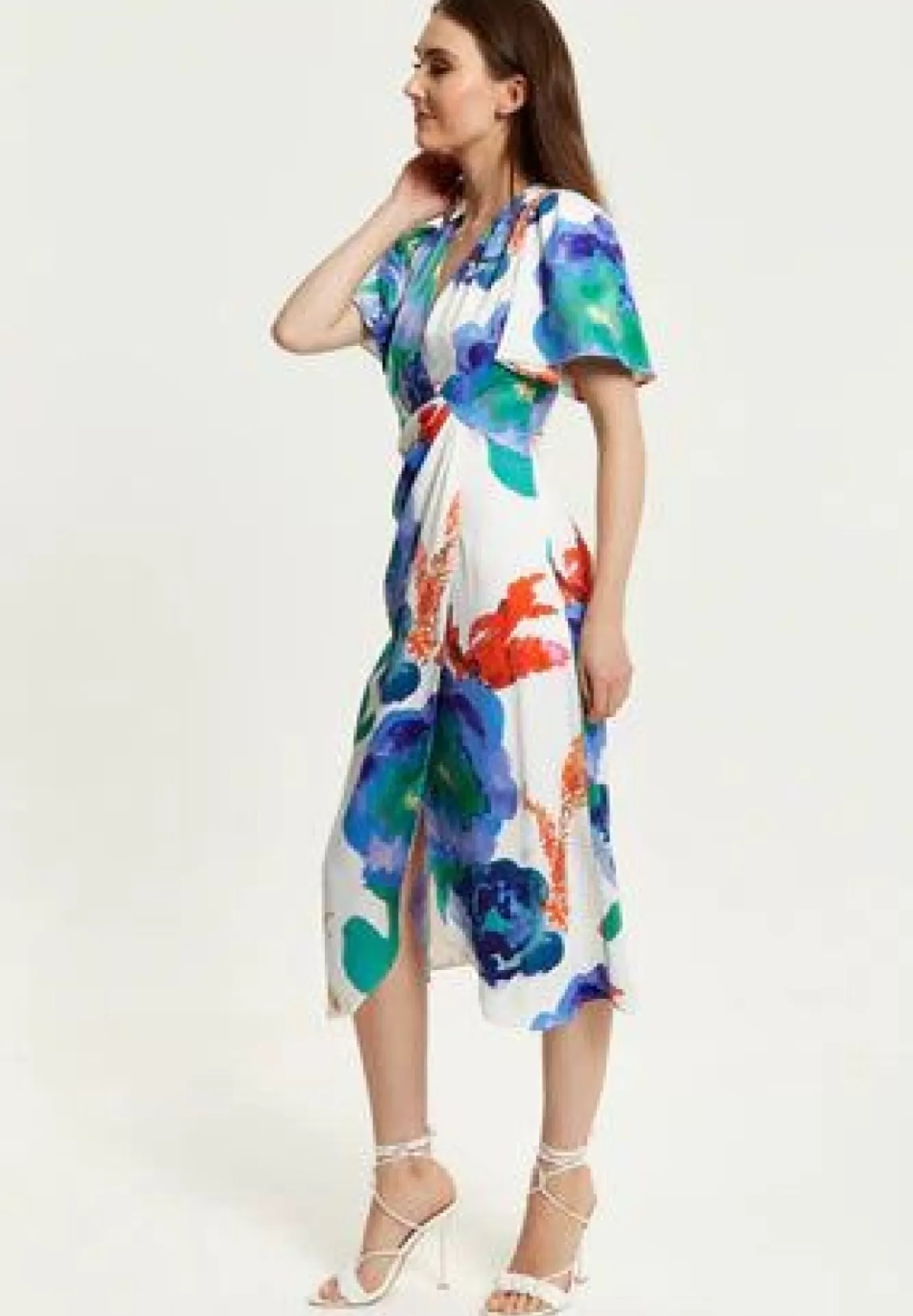 Midi Dresses^Liquorish Floral Print White Based Midi Wrap Dress Multicolor