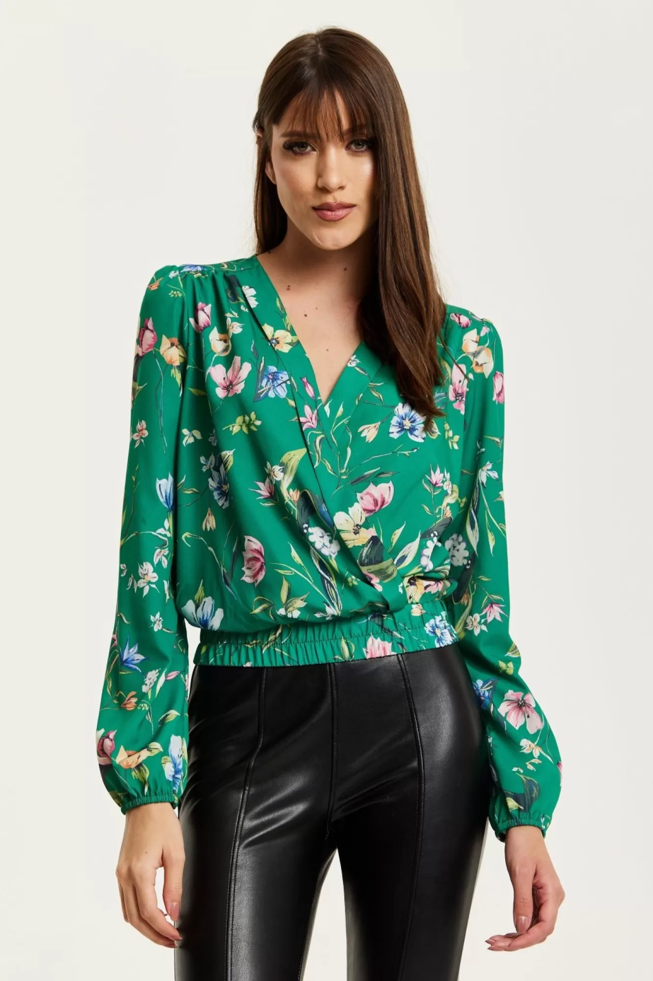 Blouses^Liquorish Floral Print Wrap Top Green