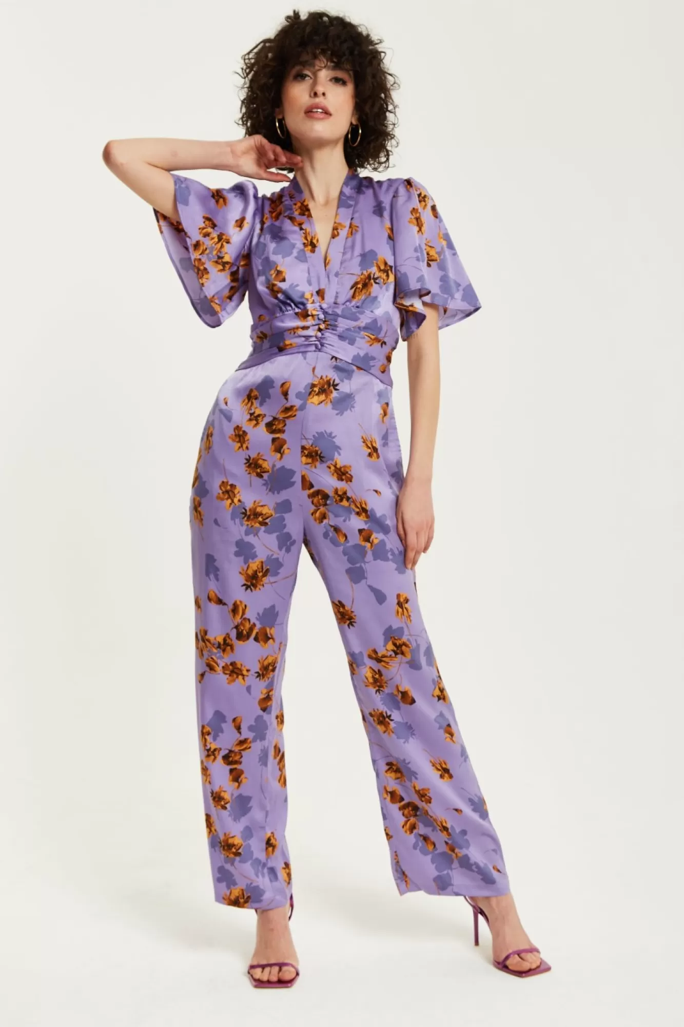 Jumpsuits^Liquorish Floral Wide Leg Jumpsuit With Angel Sleeves Purple