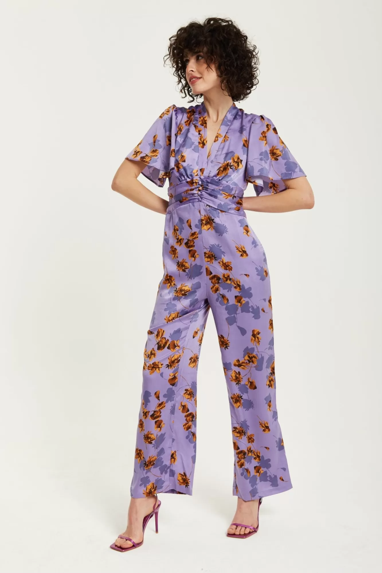 Jumpsuits^Liquorish Floral Wide Leg Jumpsuit With Angel Sleeves Purple
