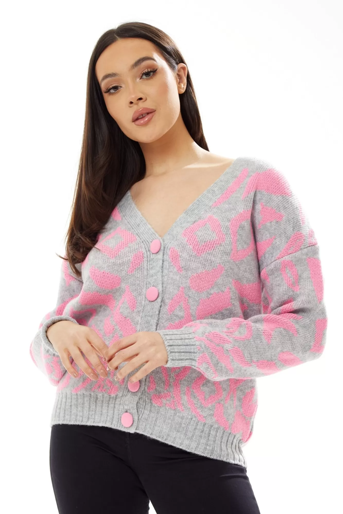 Cardigans^Liquorish Geometric Pattern Cardigan In Pink And Grey