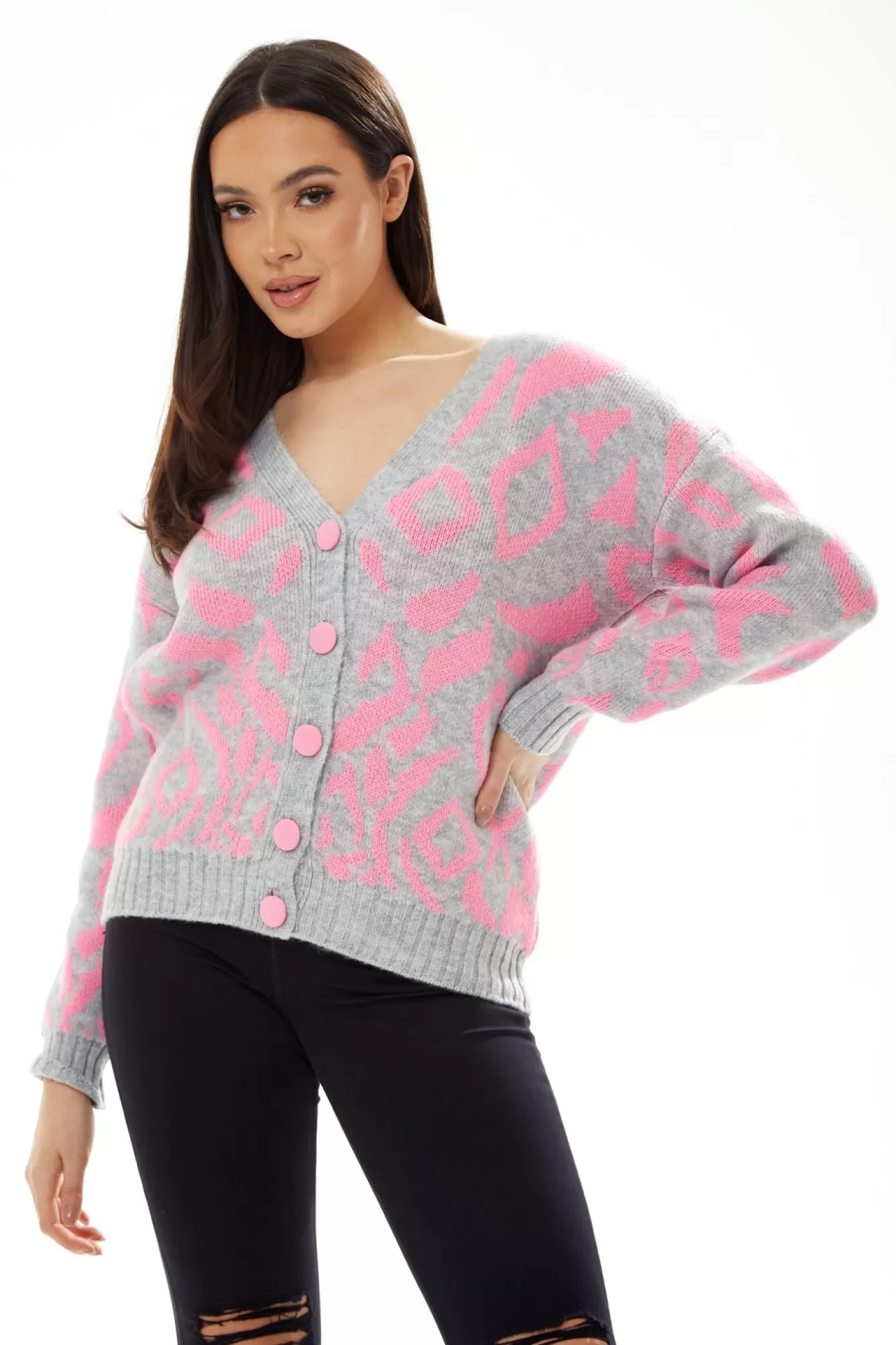 Cardigans^Liquorish Geometric Pattern Cardigan In Pink And Grey