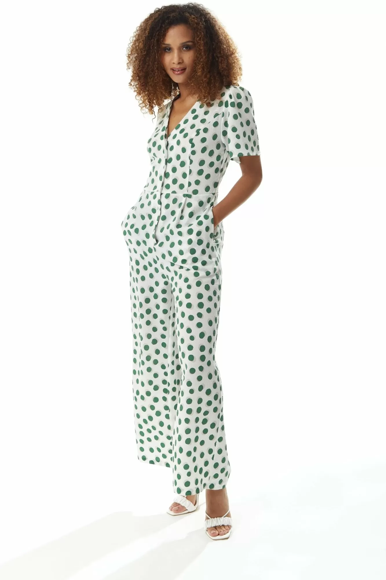 Jumpsuits^Liquorish Green Polka Dot Jumpsuit In White