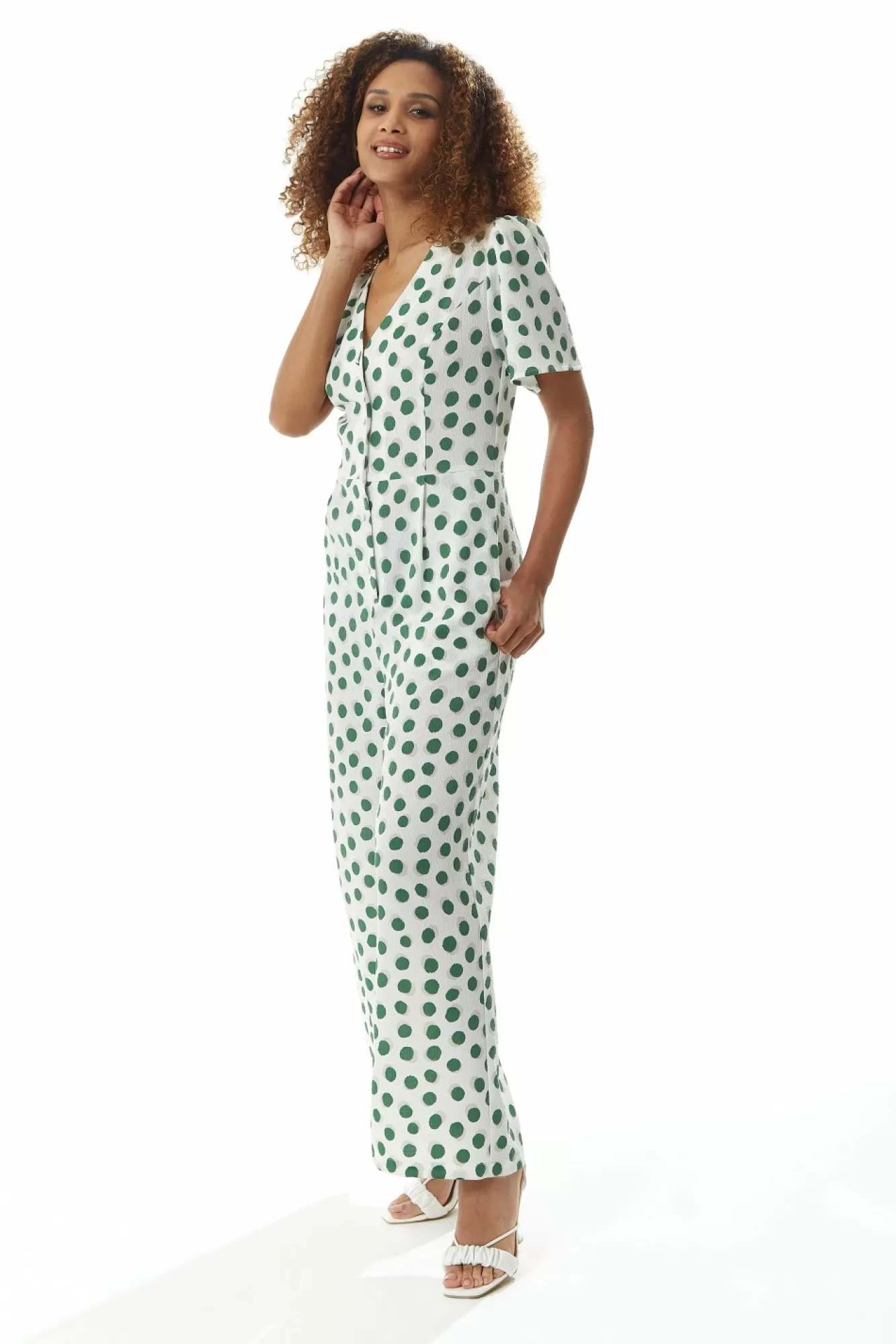 Jumpsuits^Liquorish Green Polka Dot Jumpsuit In White