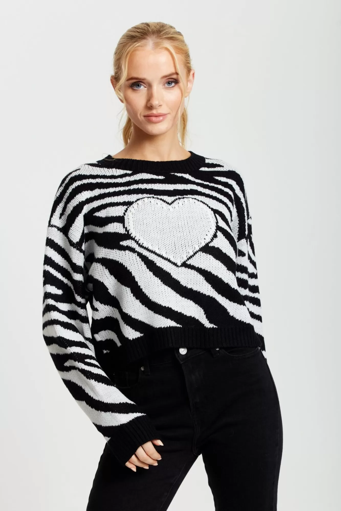 Jumpers^Liquorish Heart Jumper In And White Zebra Pattern Black