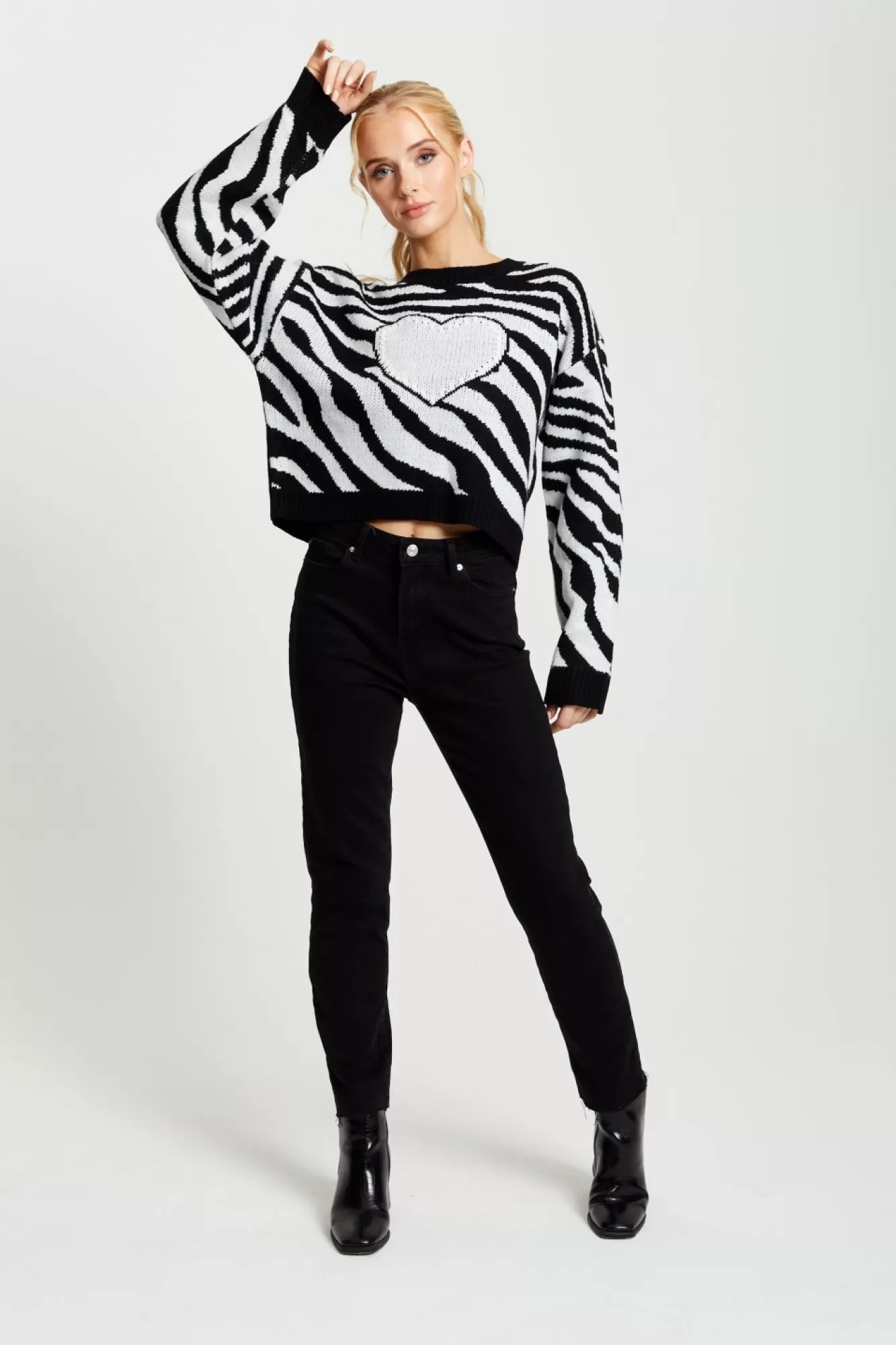 Jumpers^Liquorish Heart Jumper In And White Zebra Pattern Black