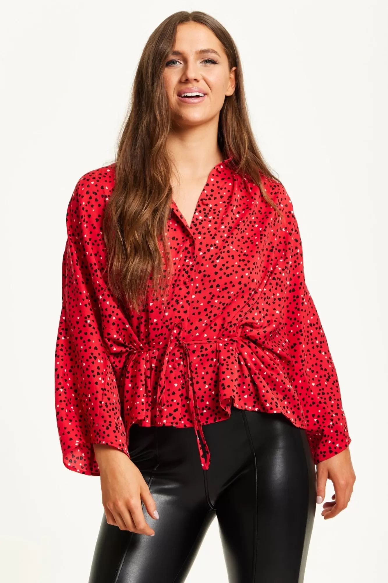 Long Sleeve Tops^Liquorish Heart Print Shirt With Long Sleeves And Tie Waist Red