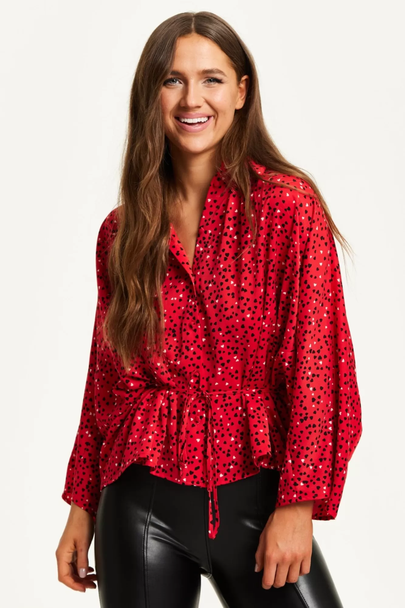 Long Sleeve Tops^Liquorish Heart Print Shirt With Long Sleeves And Tie Waist Red